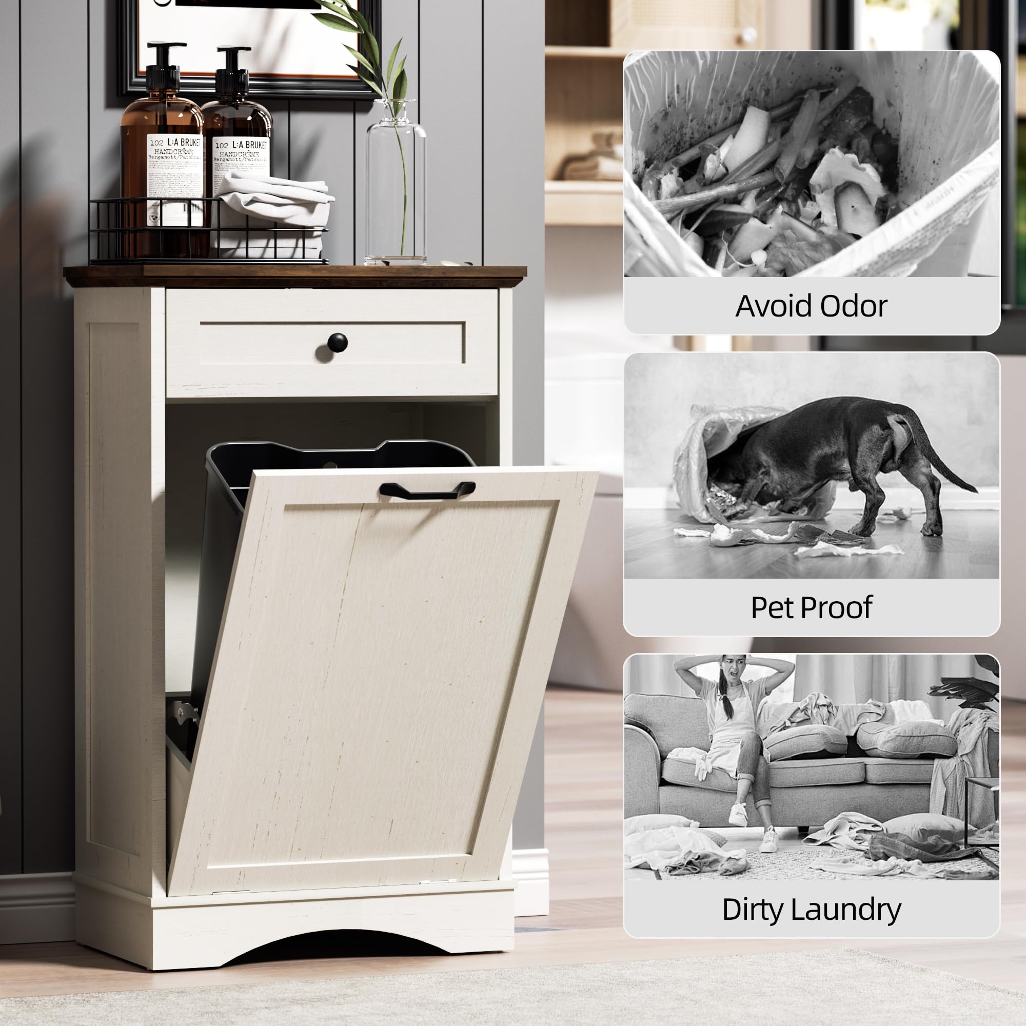 AHB Double Tilt Out Trash Can Cabinet Freestanding Kitchen Trash Can, 2x13 Gallons Hidden Garbage Recycling Cabinet with Hideaway Drawers Pet Proof Trash Can Holder for Kitchen, Antique White