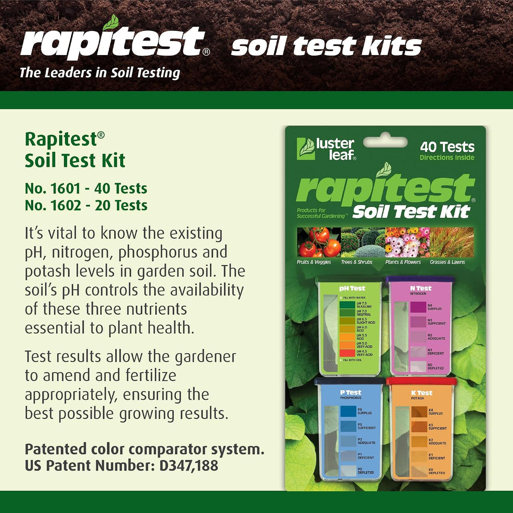 Rapitest Soil Test Kit for Gardens, Vegetables, Flowers and Lawns. USA designed and assembled soil tester completely, quickly and accurately measures/analyzes soil pH acidity and garden nutrients