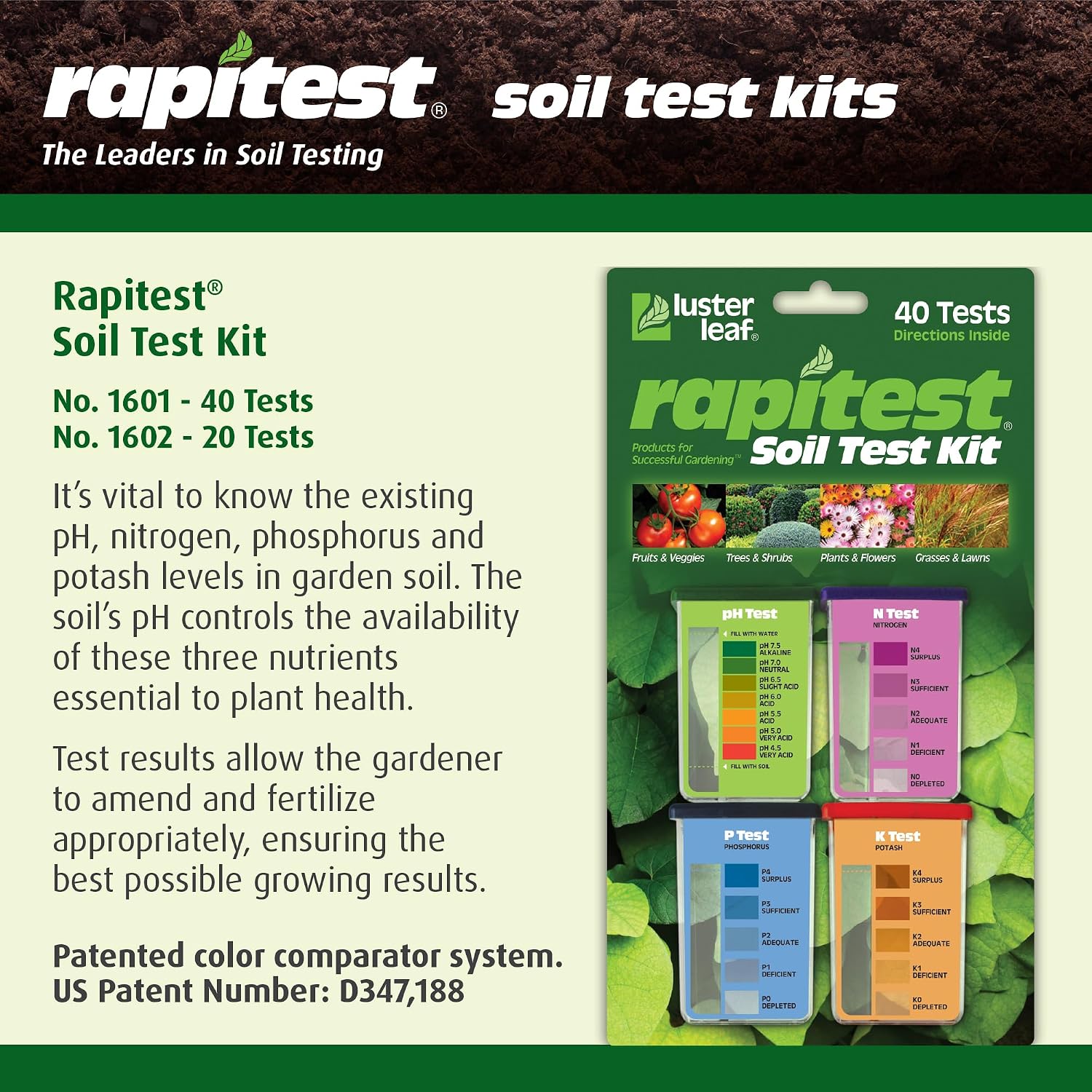 Rapitest Soil Test Kit for Gardens, Vegetables, Flowers and Lawns. USA designed and assembled soil tester completely, quickly and accurately measures/analyzes soil pH acidity and garden nutrients