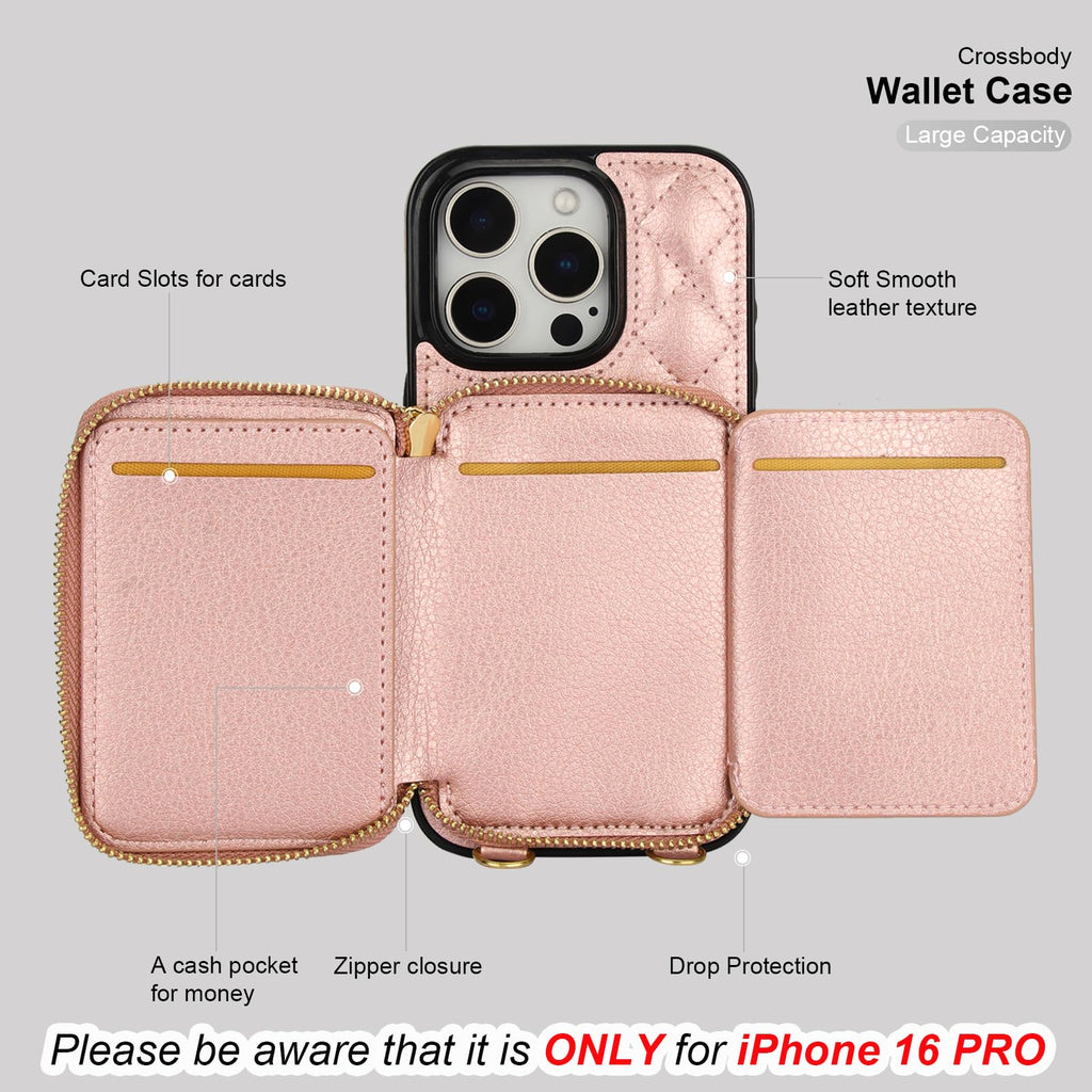 Bocasal Crossbody Wallet Case for iPhone 16 Pro, RFID Blocking PU Leather Zipper Handbag Purse Flip Cover, Kickstand Folio Case with Card Slots Holder Wrist Strap Lanyard 5G 6.3 Inch (Black)