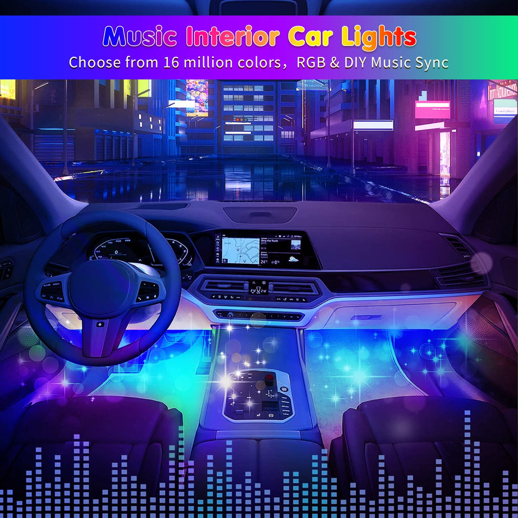 RGB Interior Car Strip Lights with Smart APP Control, Music Sync Under Dash Footwell Neon Internal Lighting Kit 2 Lines Design,12V LED Strip Lights for Cars, Trucks, SUVs with Car Charger(1 Set)