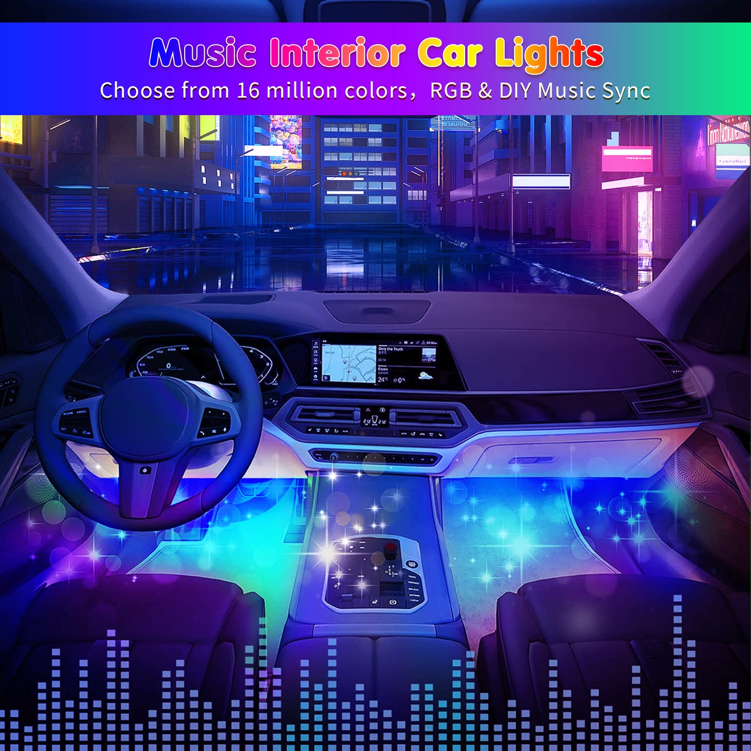 RGB Interior Car Strip Lights with Smart APP Control, Music Sync Under Dash Footwell Neon Internal Lighting Kit 2 Lines Design,12V LED Strip Lights for Cars, Trucks, SUVs with Car Charger(1 Set)