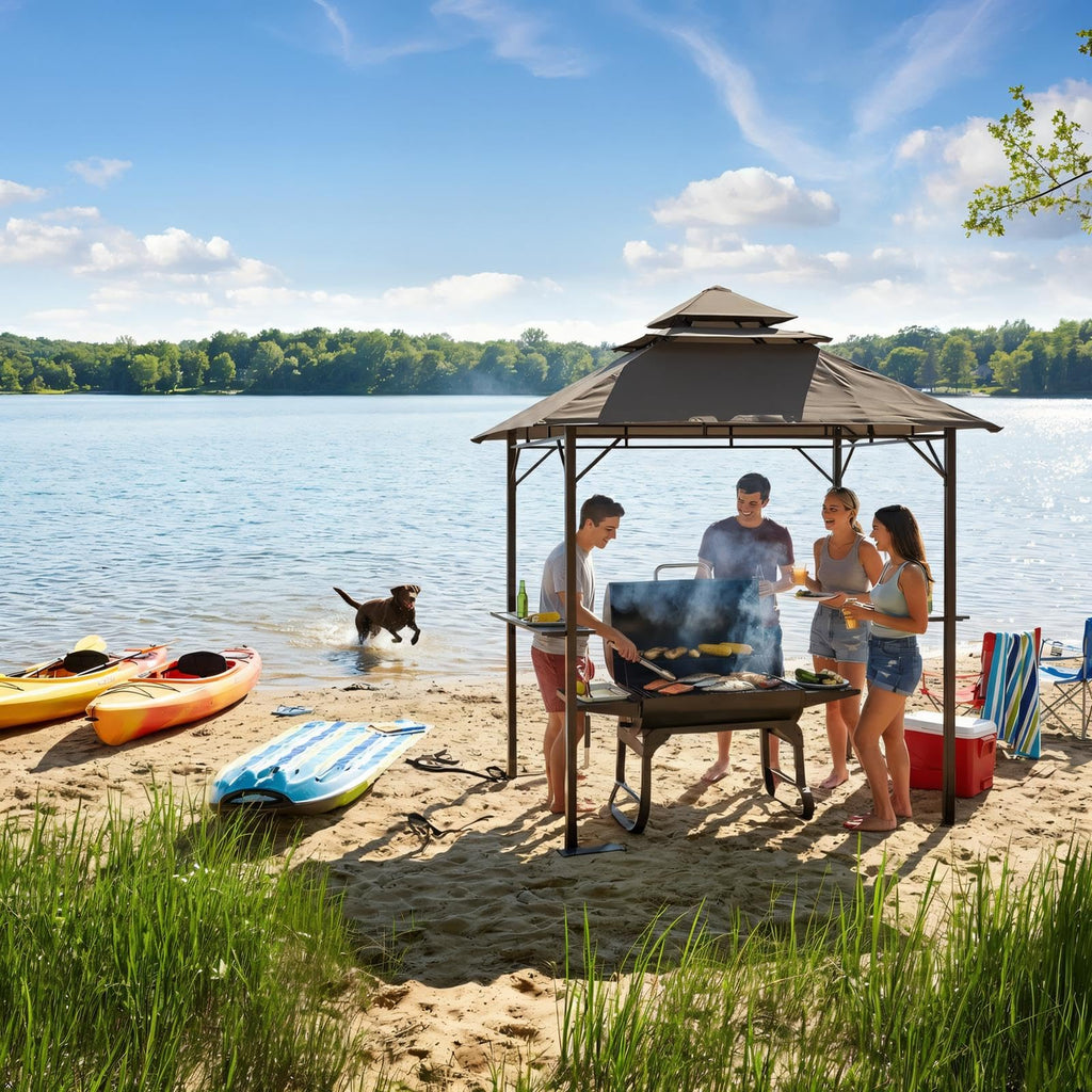 Yaheetech 8x5' Grill Gazebo, 3-Tier Outdoor BBQ Gazebo with Height-Adjustable Shelves & 10 S-Shaped Hooks & Built-in Bottle Opener, Brown