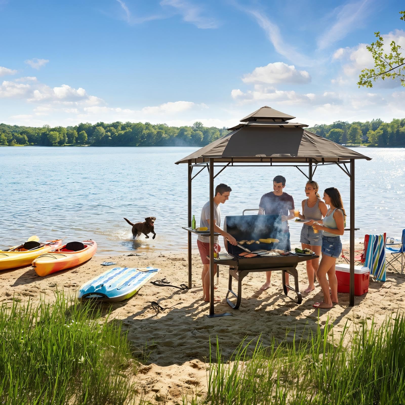 Yaheetech 8x5' Grill Gazebo, 3-Tier Outdoor BBQ Gazebo with Height-Adjustable Shelves & 10 S-Shaped Hooks & Built-in Bottle Opener, Brown