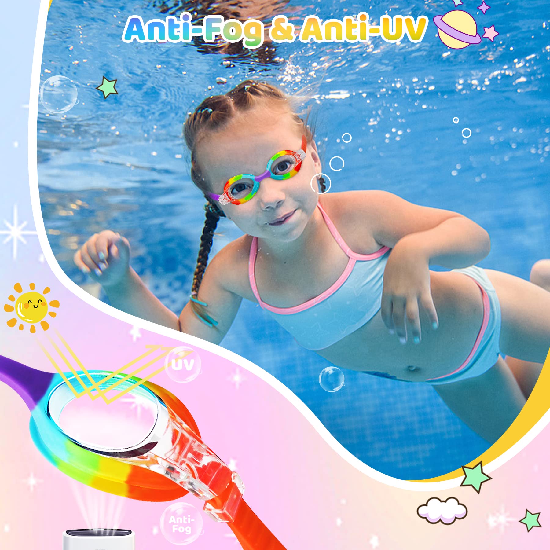 Vvinca Kids Swim Goggles with Fabric Strap No Tangle Pain-Free, Anti-Fog Swimming Pool Goggle No Leak for Toddlers Girls Boys