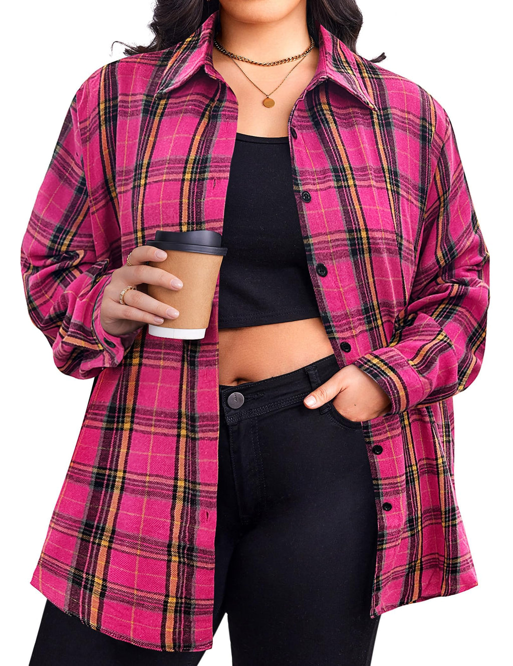 Zeagoo Womens Plus Size Flannel Shirts Plaid Shirts Long Sleeves Casual Button Down Collared Shacket Tops
