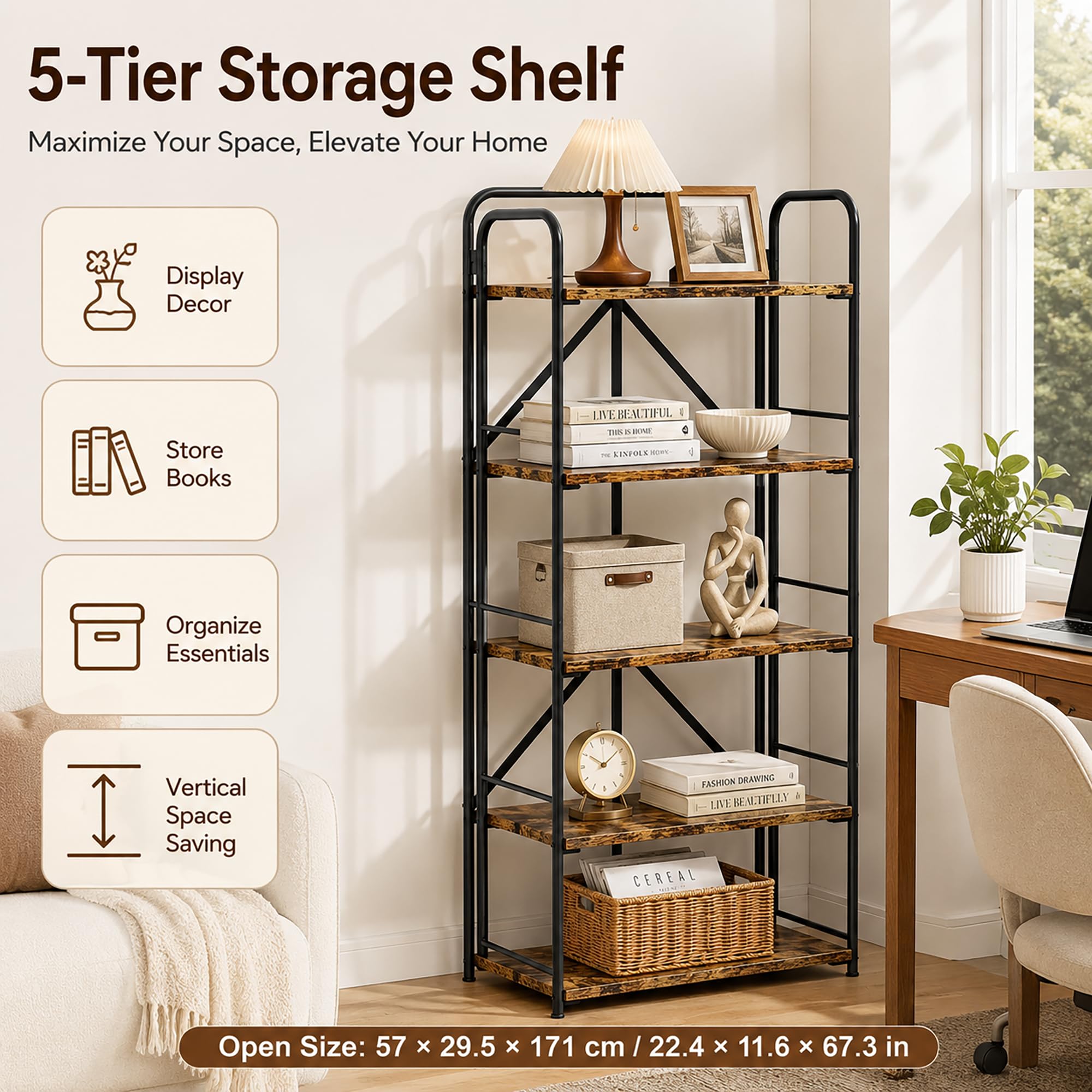 4NM No Assembly Folding Bookshelf, 3 Tiers Collapsible Book Shelves Open Industrial Foldable Storage Bookcase Shelf for Bedroom, Living Room, Home Office - Natural and White