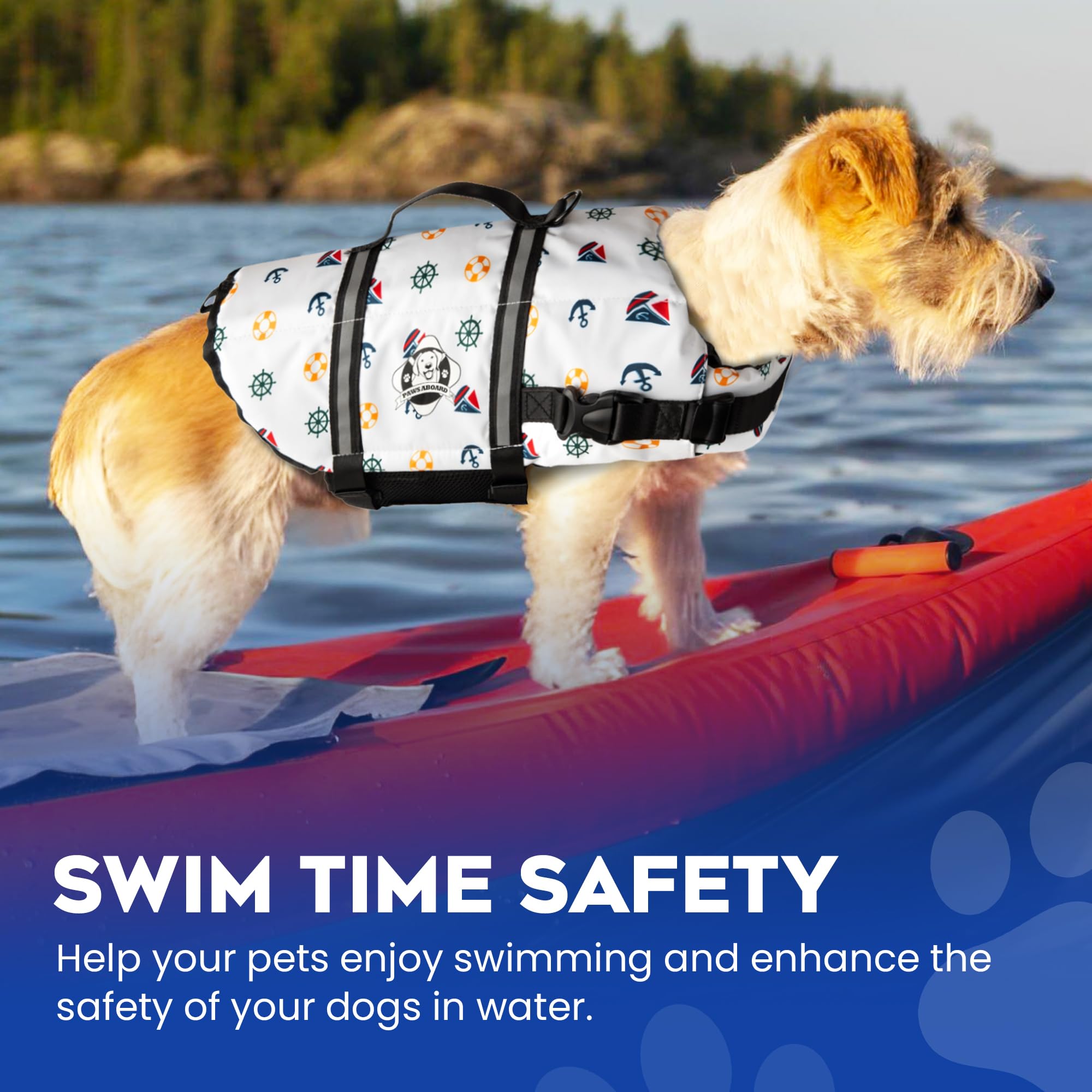 Dog Life Jacket — Premium Swim Vest with SafeChin Anti-Choke Collar | PAWS Aboard Blue & Yellow | RapidLift Rescue Handle, D-Ring, Reflective Trim | Boating, Kayaking, Pool | XX-Small (Under 6 lbs)