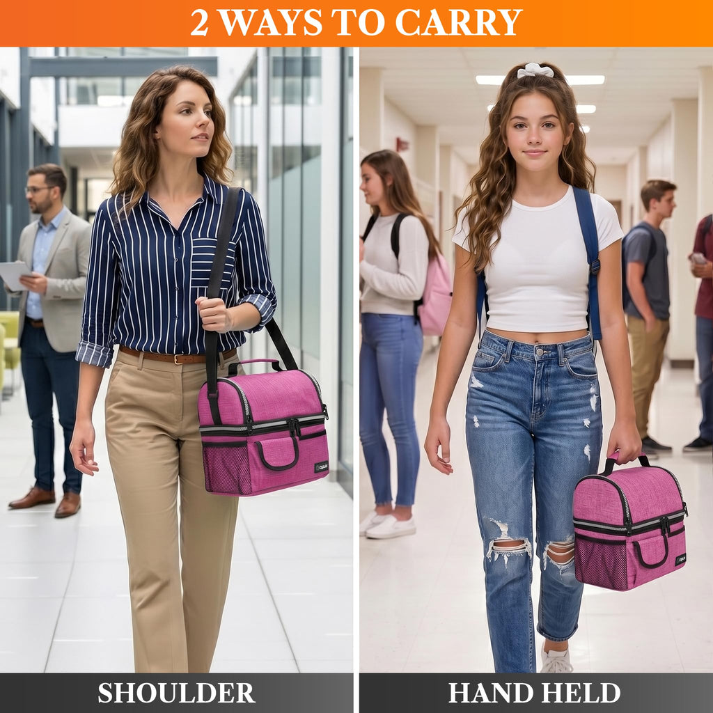 opux Insulated Lunch Bag Women Men, Dual Compartment Leakproof Lunch Box Adults Kids, Double Decker Meal Prep Bento Lunch Cooler Tote with Shoulder Strap for Work Office School Travel, Black