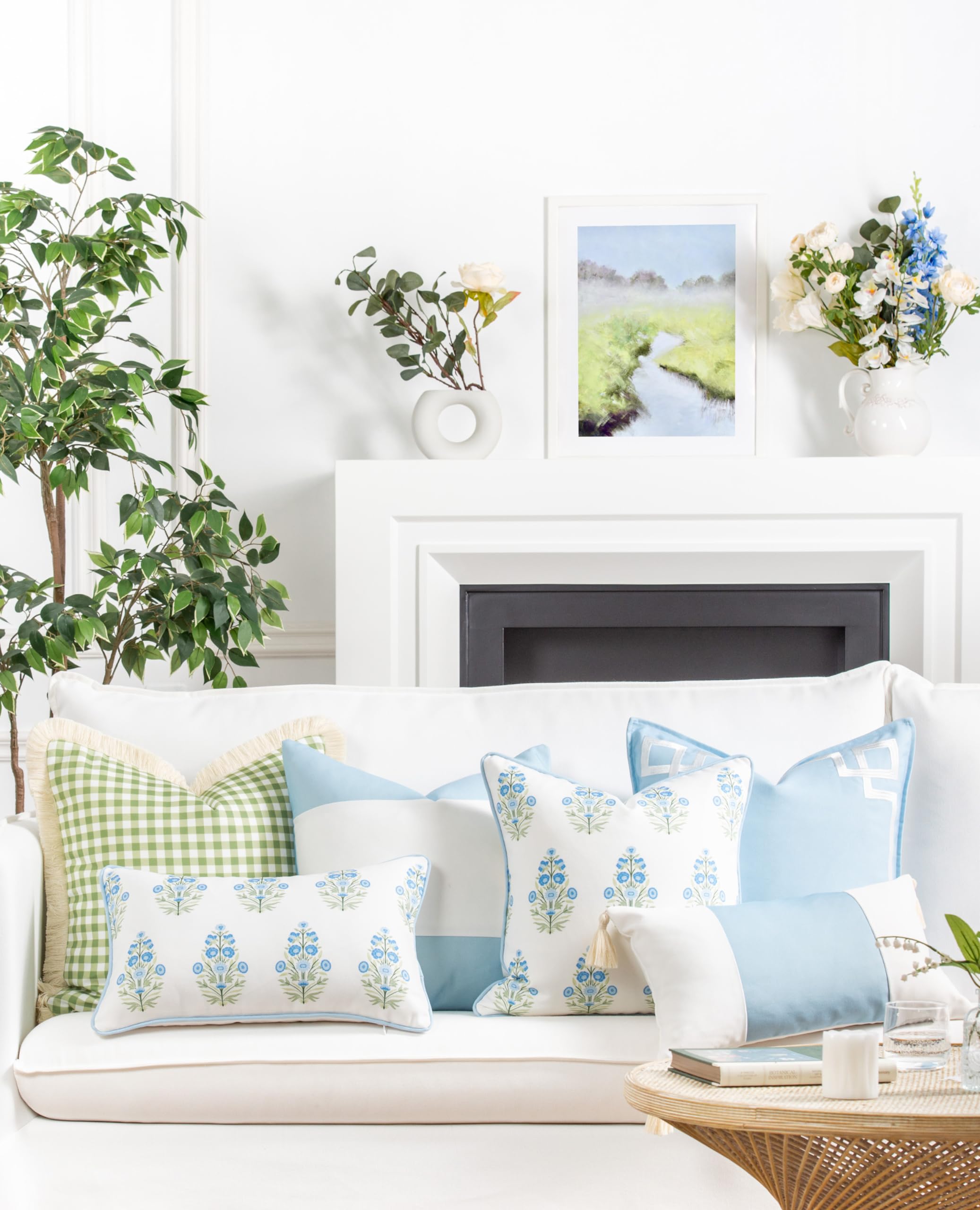 Hofdeco Premium Coastal Patio Indoor Outdoor Lumbar Pillow Cover Only, 12"x20" Water Repellent for Backyard, Couch, Baby Blue Green Floral with Piping