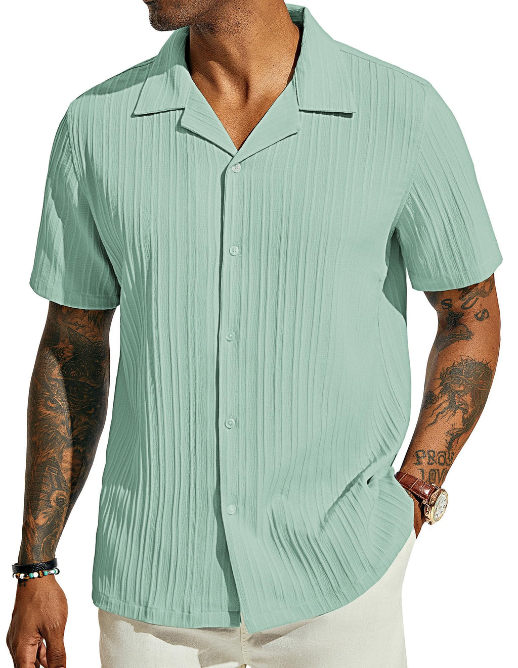 PJ PAUL JONES Men's Casual Button Down Shirts - Short Sleeve Summer Textured Beach Wrinkle-Free Shirts