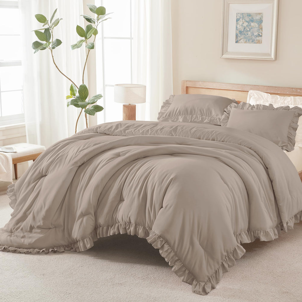 Andency Beige Twin Size Ruffle Comforter, 2 Pieces Farmhouse Shabby Classic Bed Set for Kids, Lighteweight Soft Polyester Bedding Set for Girls(1 Ruffle Comforter and 1 Pillowcase)