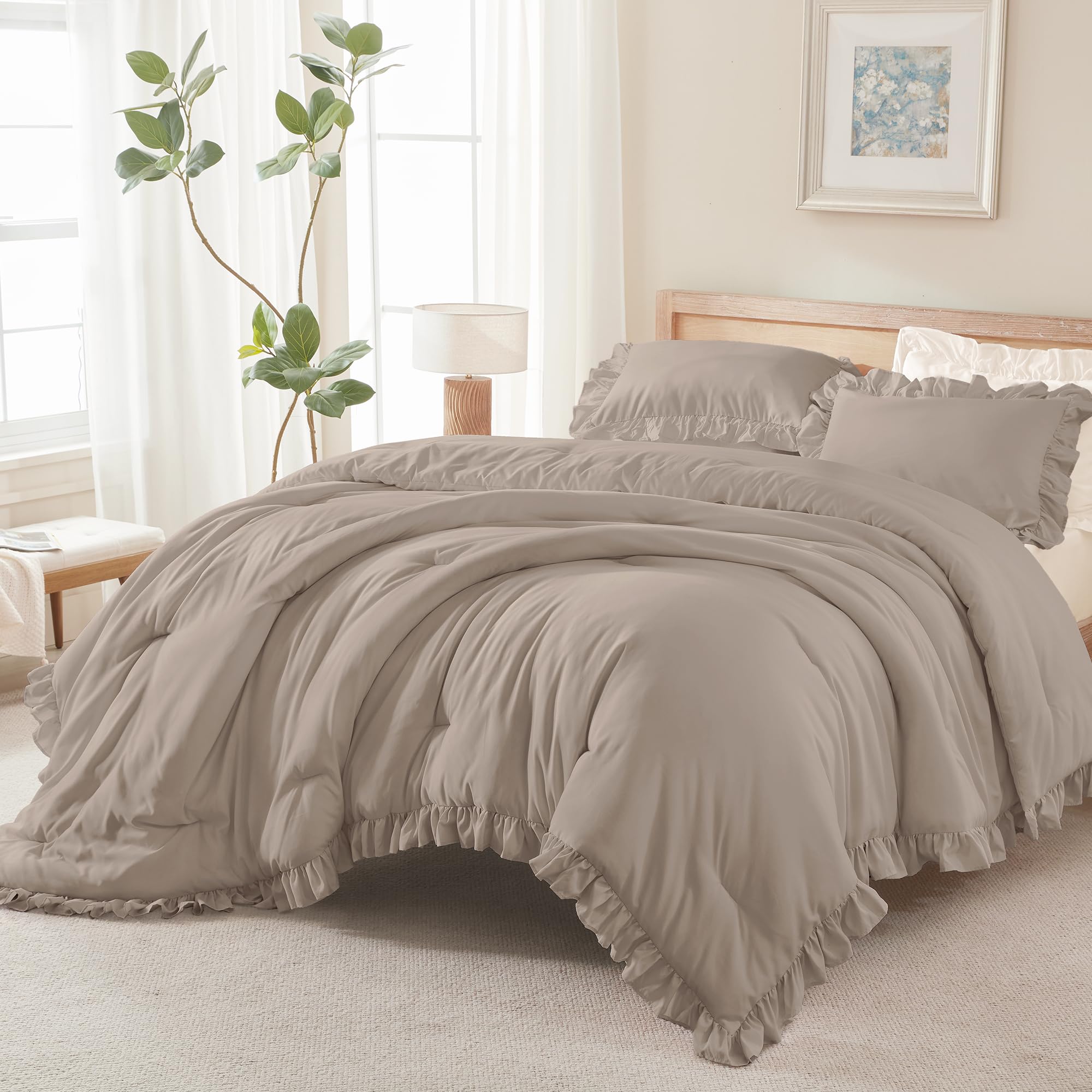 Andency Beige Twin Size Ruffle Comforter, 2 Pieces Farmhouse Shabby Classic Bed Set for Kids, Lighteweight Soft Polyester Bedding Set for Girls(1 Ruffle Comforter and 1 Pillowcase)