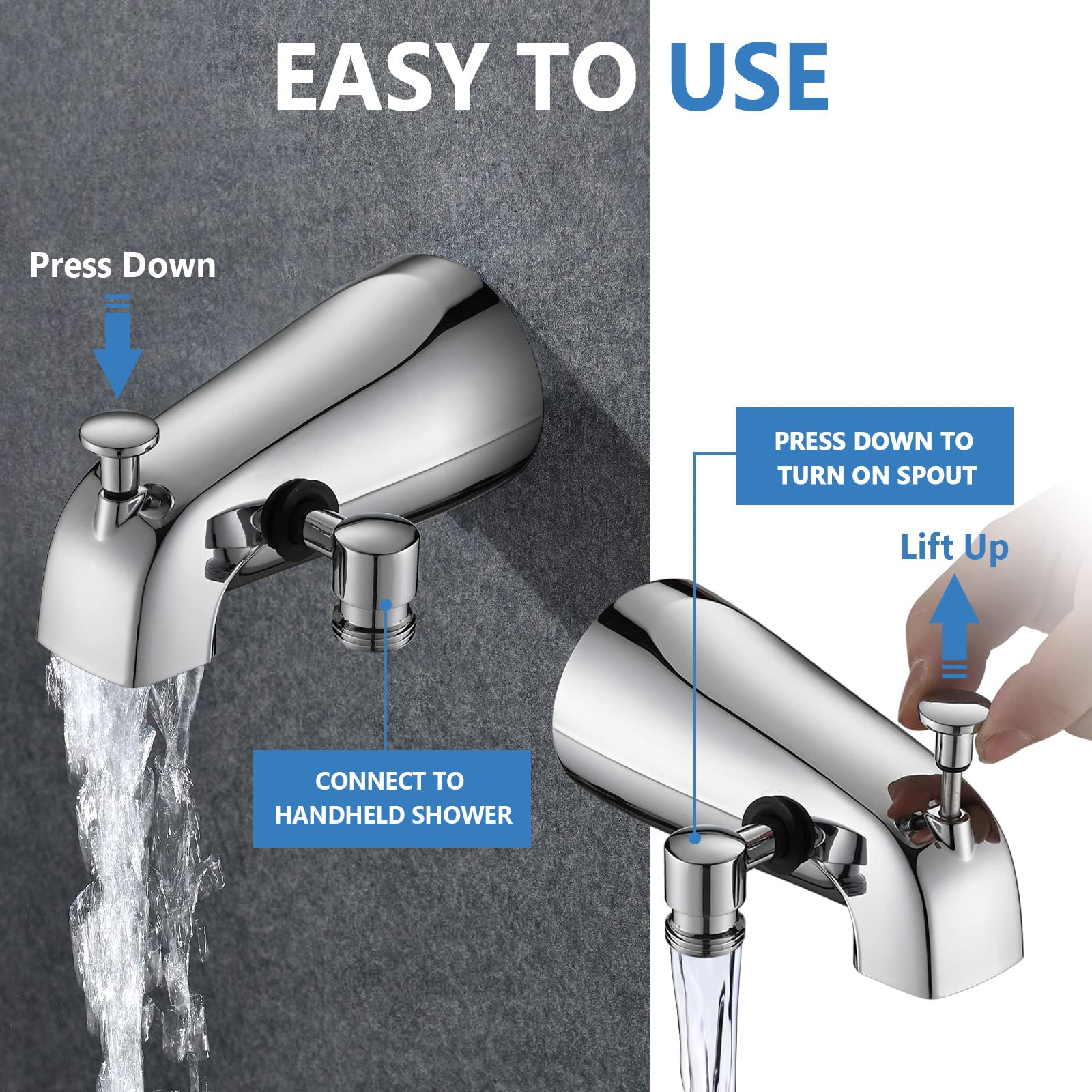 PROOX All Metal Tub Spout with Diverter, 6 Settings Hand held Shower with ON/Off Pause Switch, Bathtub Faucet with Sprayer Brushed Nickel