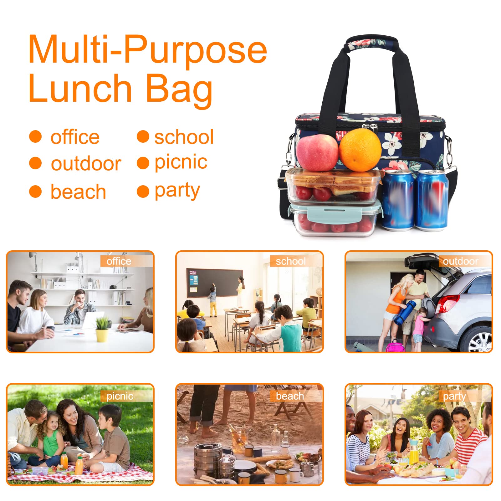Femuar Lunch Bags for Women/Men, Insulated Lunch Bag for Work Office Picnic - Large Lunch Cooler Bag Leakproof Lunch Box with Adjustable Shoulder Strap for Adults - Grey (15L)