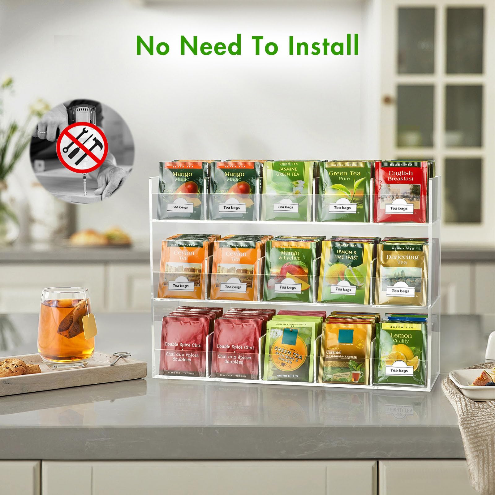 BEYGORM Acrylic Tea Bag Organizer for 216 Tea Packets, No Assembly Required, Display Holder for Countertop, Vertical Tea Bag Caddy for Cabinet, Tea bar Accessories, Teabags Storage Containers