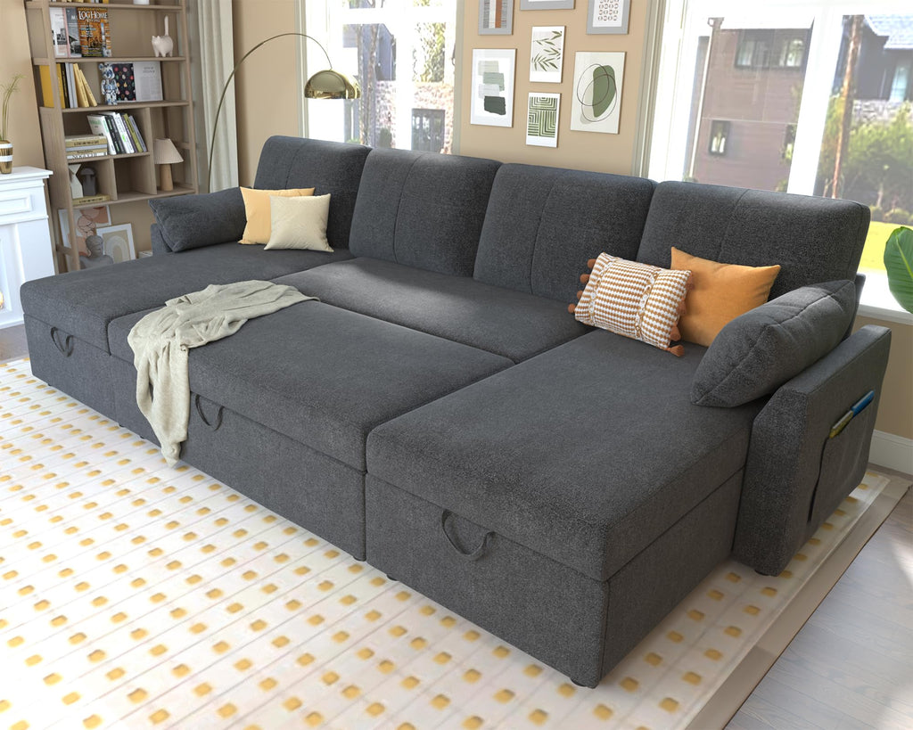 PaPaJet Sofa Bed, Sleeper Sofa with Storage Chaise, L Shaped Sofa with Pull Out Bed, Oversized Sofas for Living Room, Beige