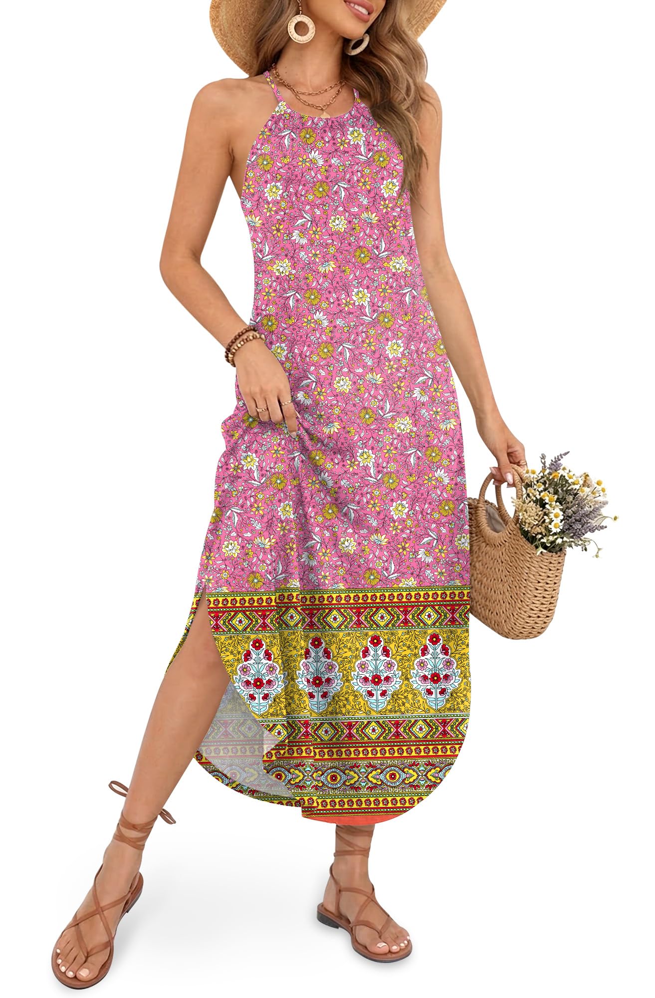 For G and PL Women's Summer Casual Halter Side Slit Maxi Beach Dress Resort Vacation Cruise Wear Sundress