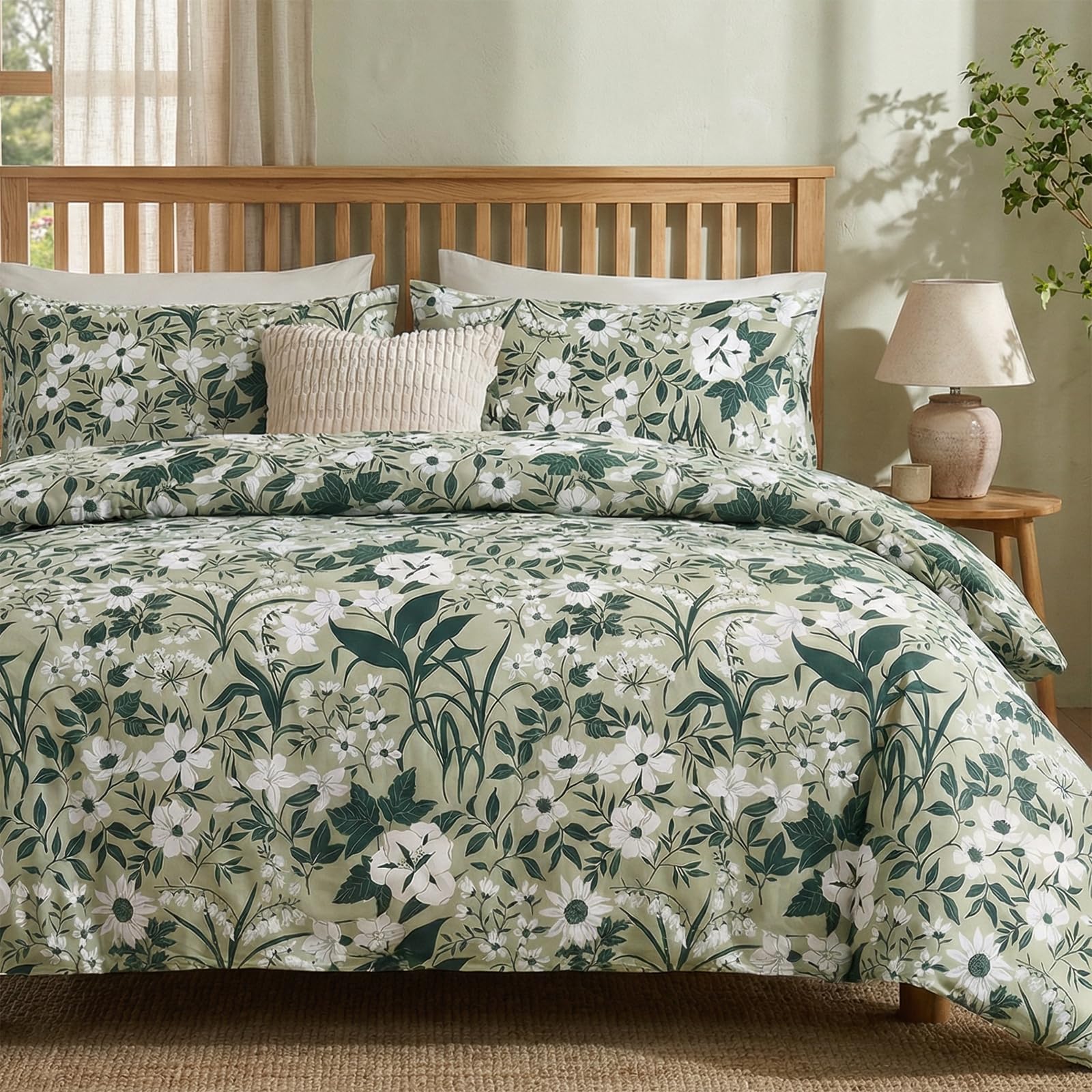 100% Natural Cotton Comforter Set Queen 3 Pcs Grayish Blue Bedding Sets with Luxurious Damask Pattern, Reversible Breathable Soft Comforter Sets for All Season