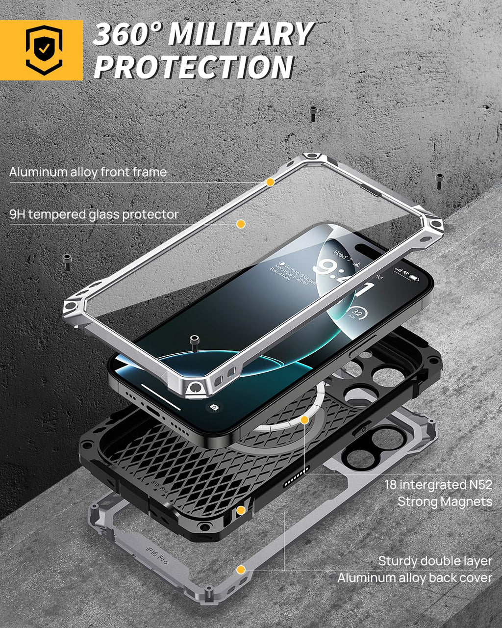 Lanhiem for iPhone 16 Metal Case with Camera Cover & Stand [Compatible with MagSafe] [Built-in Kickstand] [Military-Grade Protection] Heavy Duty Rugged Magnetic Phone Case, Black