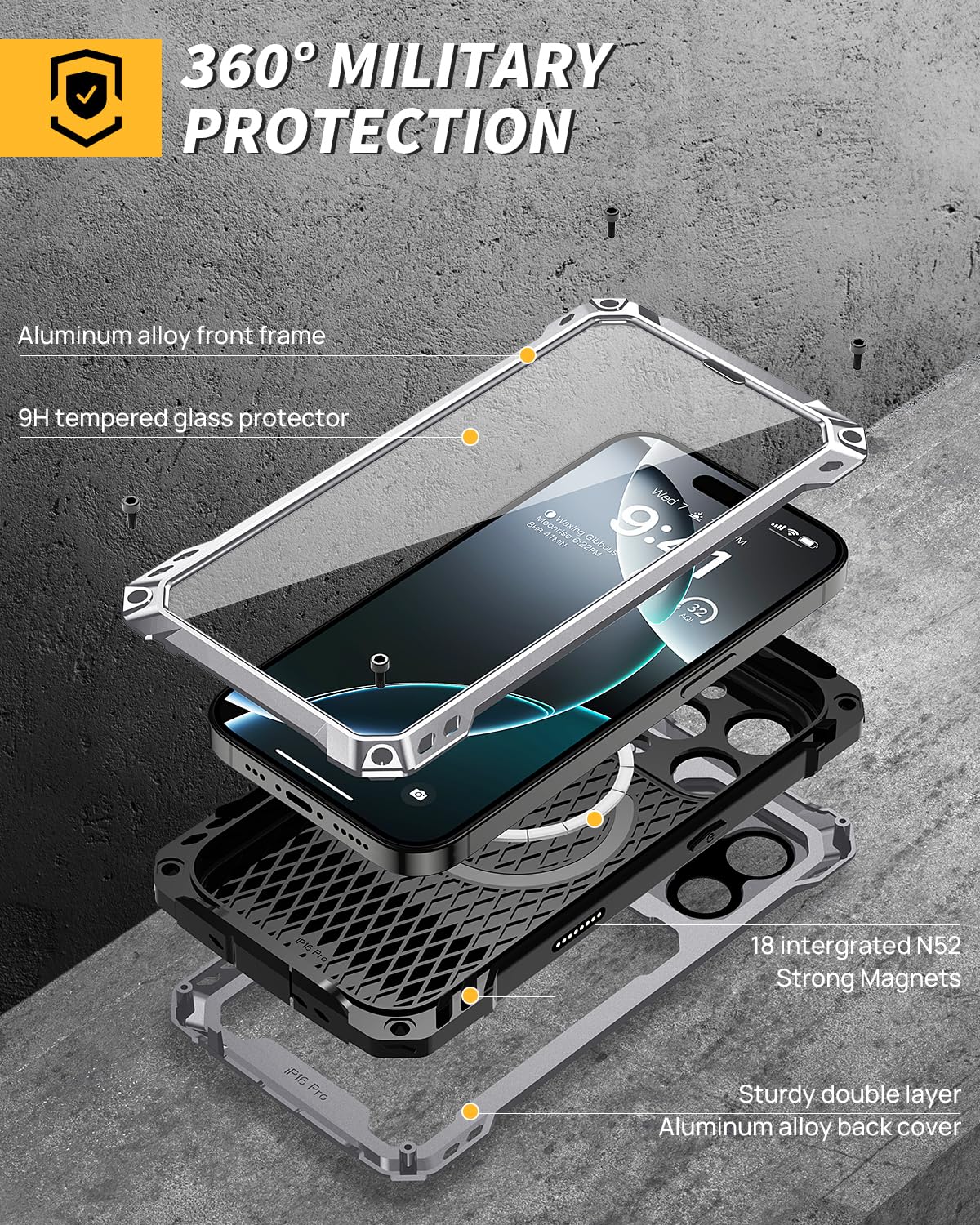 Lanhiem for iPhone 16 Metal Case with Camera Cover & Stand [Compatible with MagSafe] [Built-in Kickstand] [Military-Grade Protection] Heavy Duty Rugged Magnetic Phone Case, Black