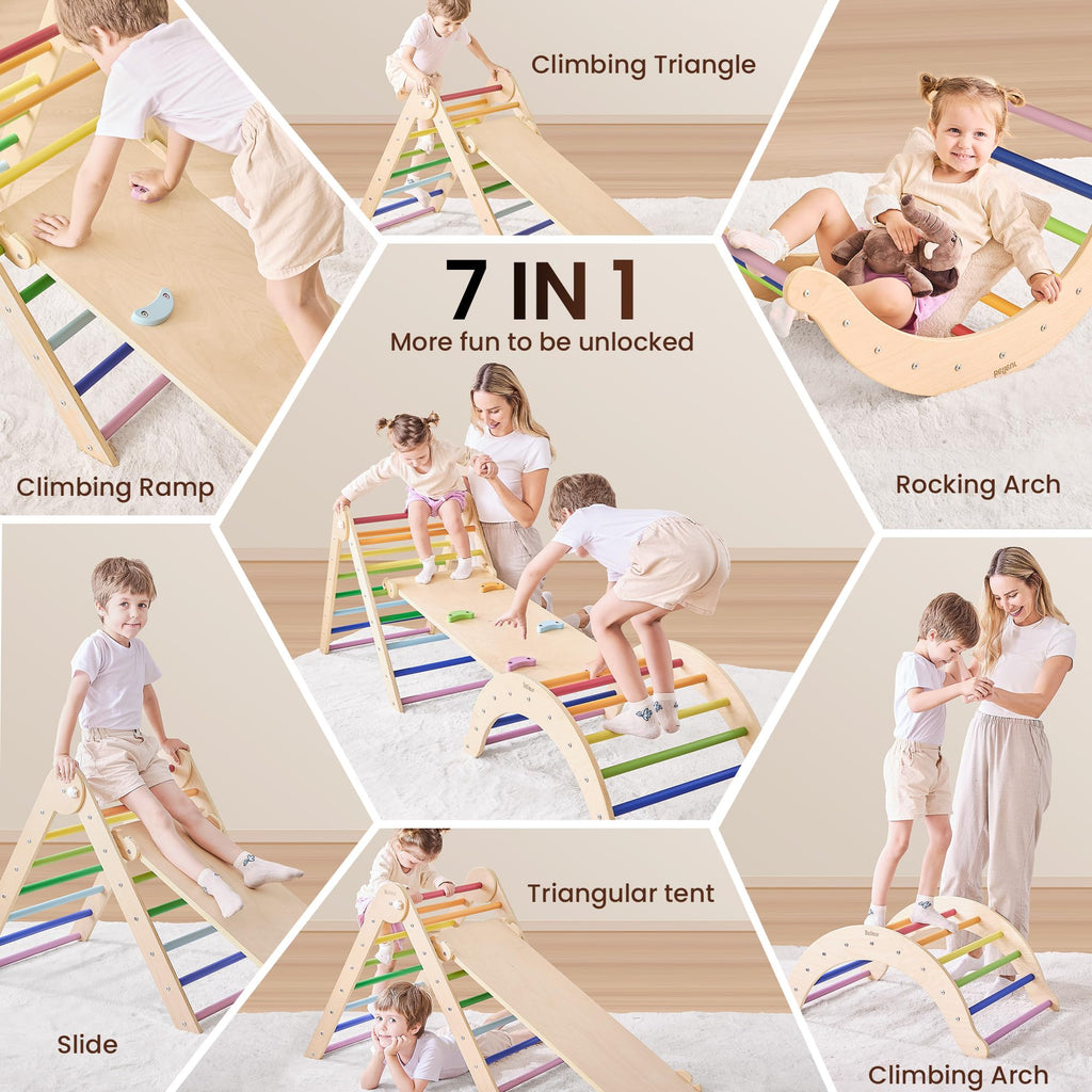 Belleur 7-in-1 Climbing Toys for Toddlers 1-3 Years Old, Foldable Wooden Pikler Triangle Set Indoor, Montessori Climbing Set with Arch, Ramp & Ladder - Natural