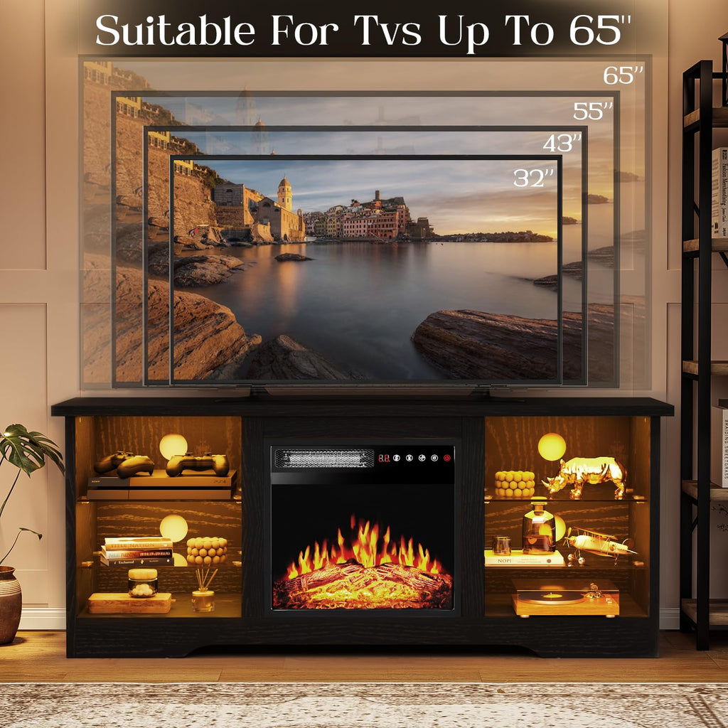VITESSE 58 Inches Fireplace TV Stand for TVs up to 65 Inches Console with 18'' Electric Fireplace & Remote,Wooden Modern Entertainment Center for Living Room with LED Light Glass Shelves（Bei）