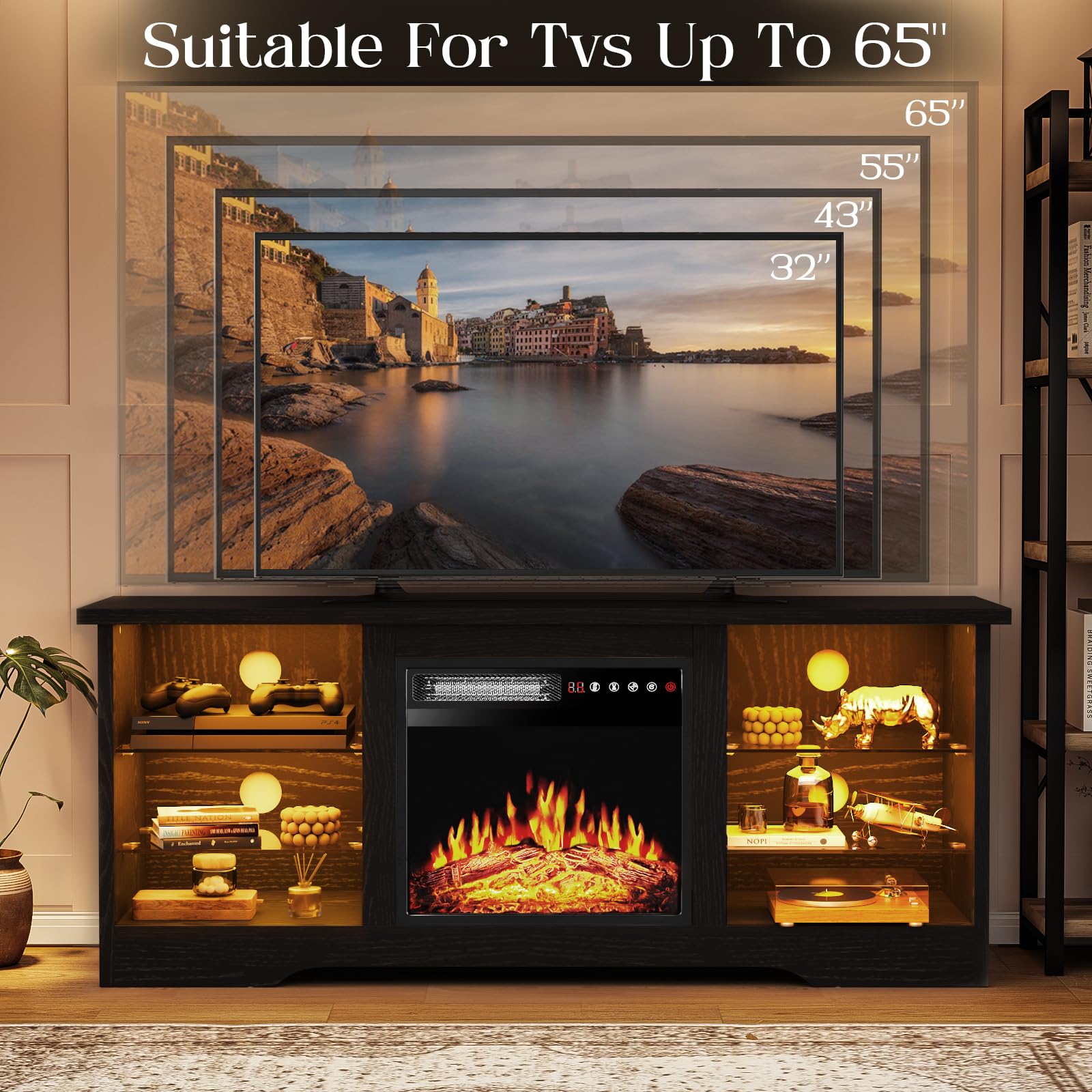 VITESSE 58 Inches Fireplace TV Stand for TVs up to 65 Inches Console with 18'' Electric Fireplace & Remote,Wooden Modern Entertainment Center for Living Room with LED Light Glass Shelves（Bei）