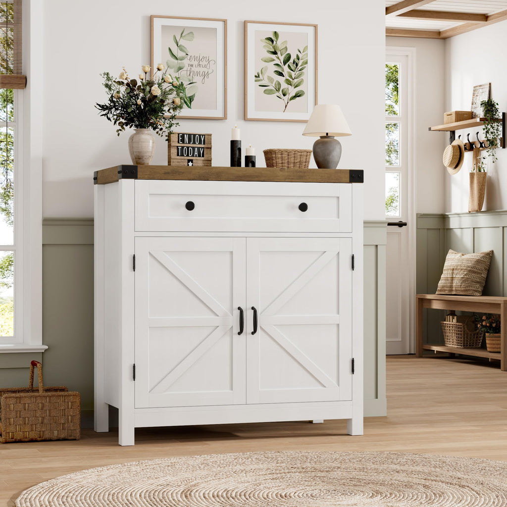 HOSTACK Coffee Bar Cabinet, Kitchen Storage Cabinet, Modern Farmhouse Buffet Sideboard with Drawer and Adjustable Shelf, Barn Door Accent Cabinets for Kitchen, Dining Room, Entryway, Ash Grey