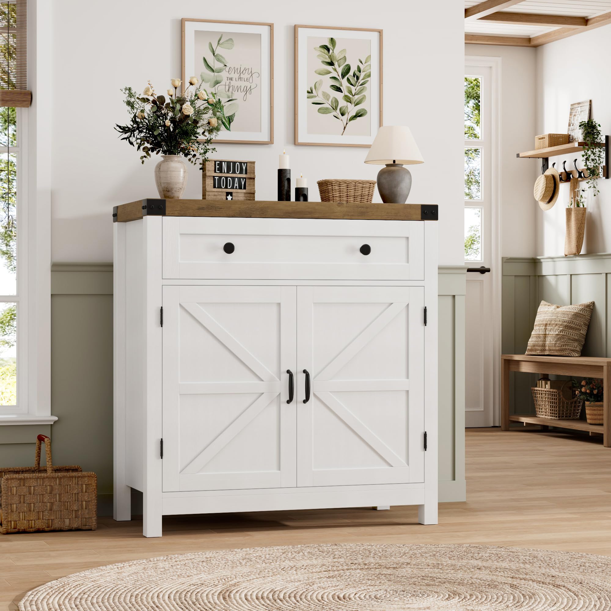 HOSTACK Coffee Bar Cabinet, Kitchen Storage Cabinet, Modern Farmhouse Buffet Sideboard with Drawer and Adjustable Shelf, Barn Door Accent Cabinets for Kitchen, Dining Room, Entryway, Ash Grey