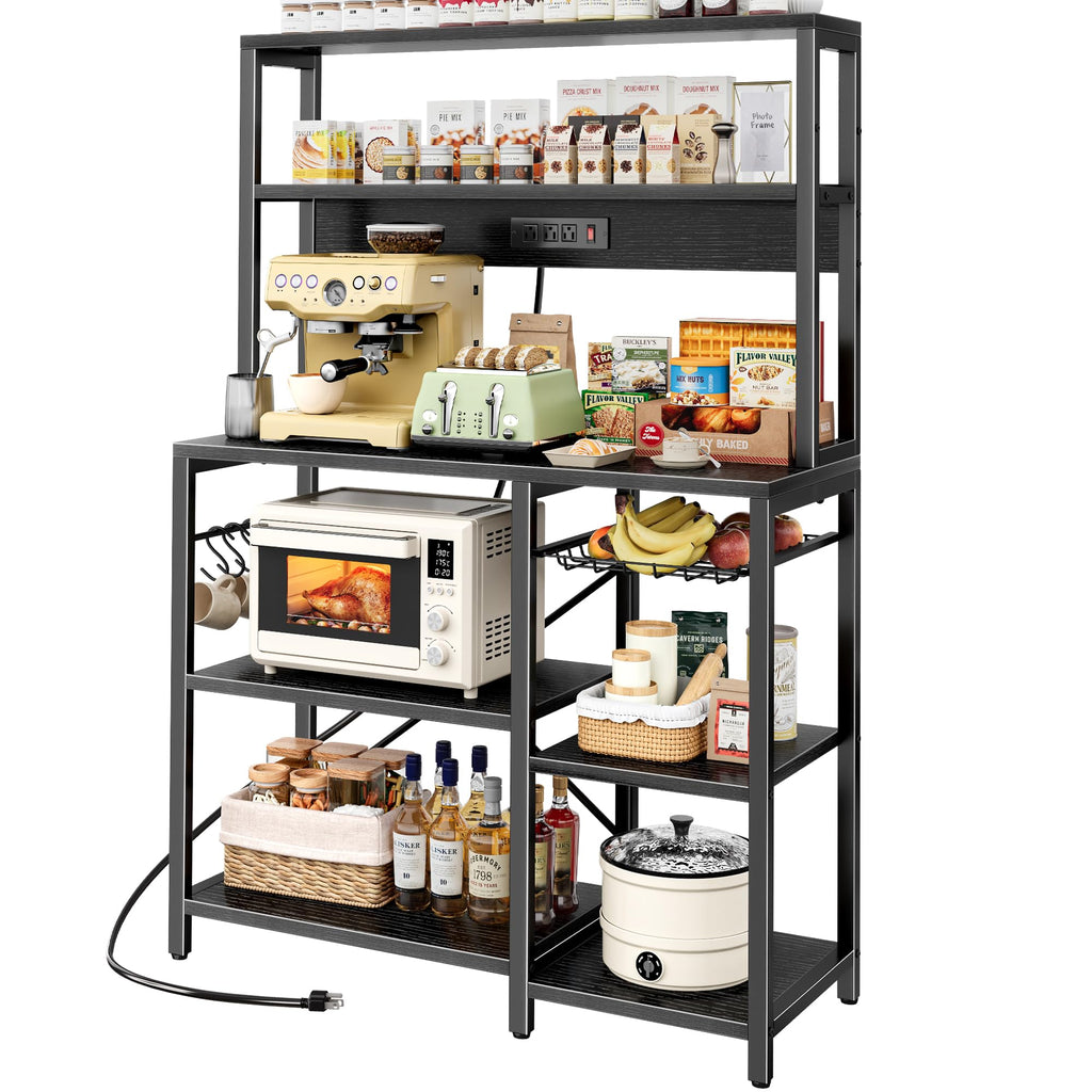 SUPERJARE Bakers Rack with Power Outlet, 35.4 Inches Coffee Bar with Wire Basket, Kitchen Microwave Stand with 6 S-Shaped Hooks, Open Storage Shelves, Black