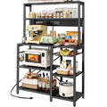 SUPERJARE Bakers Rack with Power Outlet, 35.4 Inches Coffee Bar with Wire Basket, Kitchen Microwave Stand with 6 S-Shaped Hooks, Open Storage Shelves, Black