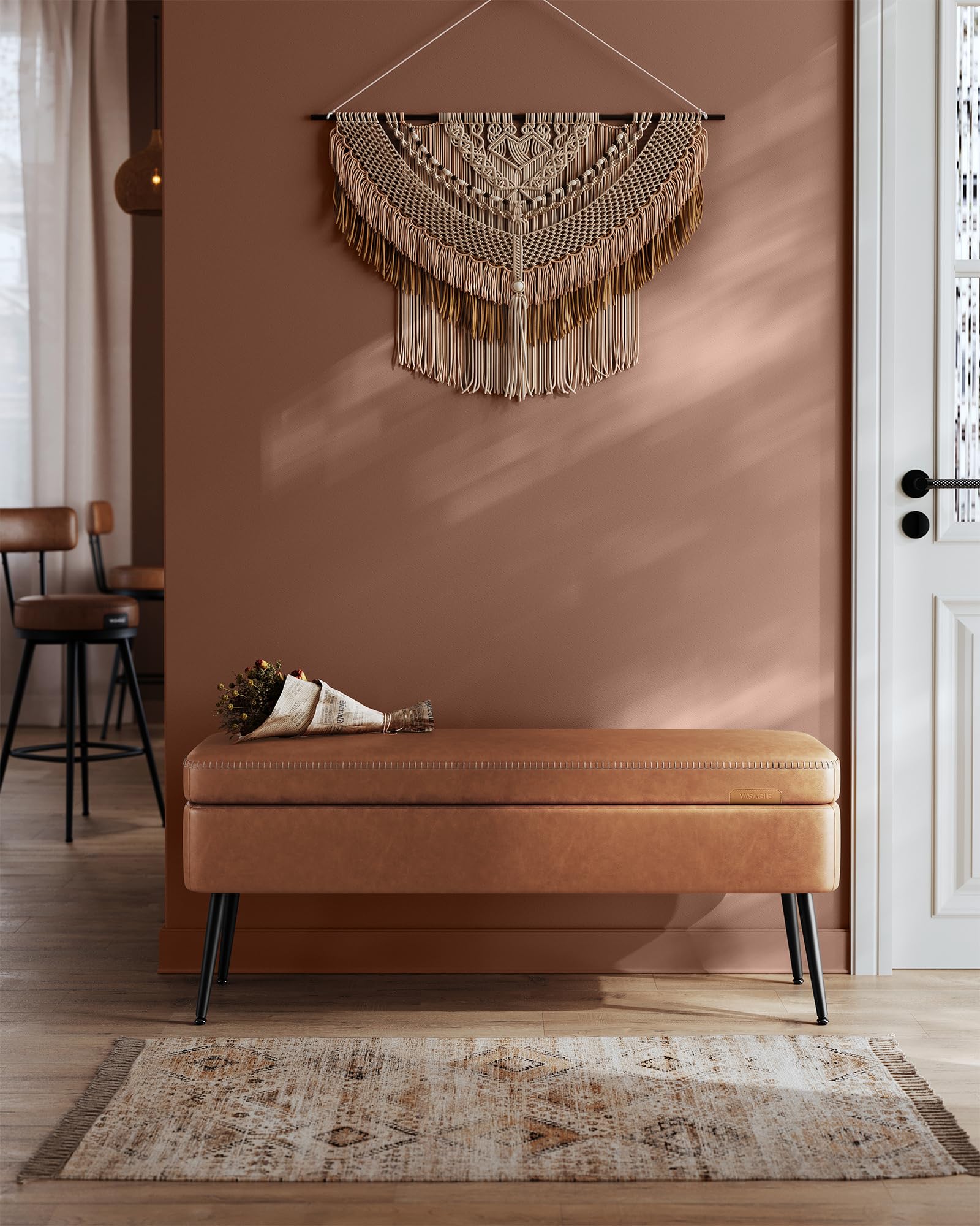 VASAGLE EKHO Collection - Storage Ottoman Bench, Entryway Bedroom Bench, 15 Gallons, Synthetic Leather with Stitching, Mid-Century Modern, Safety Hinges, Loads 660 lb, Caramel Brown ULOM074K01