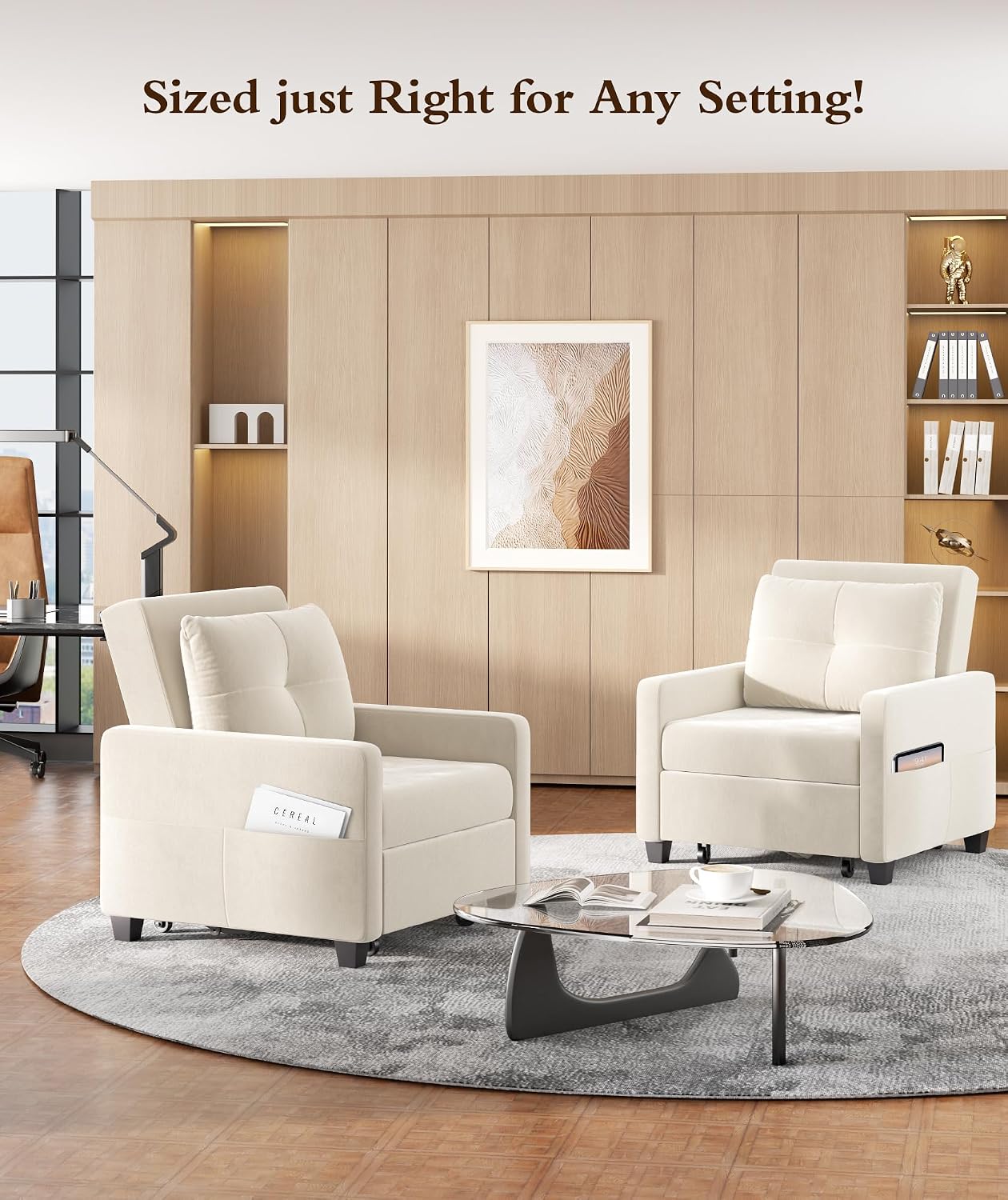 Sleeper Sofa Chair, 3 in 1 Convertible Sleeper Chair with Adjustable Backrest, 32" Pull Out Couch Bed 400lbs Support, Comfy Velvet Small Sofa Bed for Small Space with Pillow & 2 Pockets, Beige