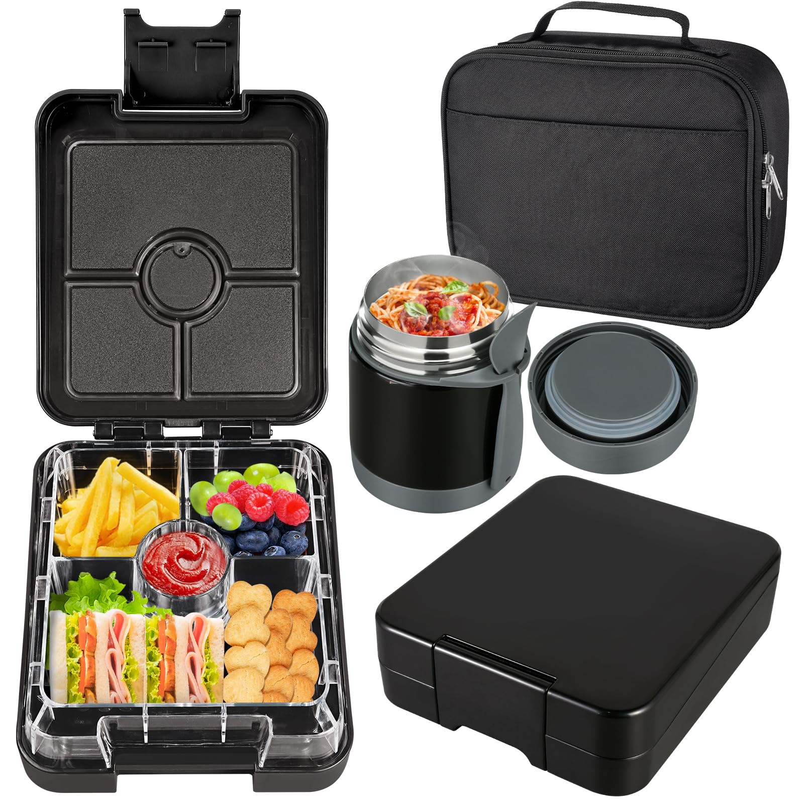 Bento Lunch Box Set for Kids with 10oz Soup Thermo, Leak-Proof Lunch Containers with 4 Compartment, Kids Thermo Hot Food Jar and Insulated Lunch Bag for Kid to School,BPA-Free(Basketball)