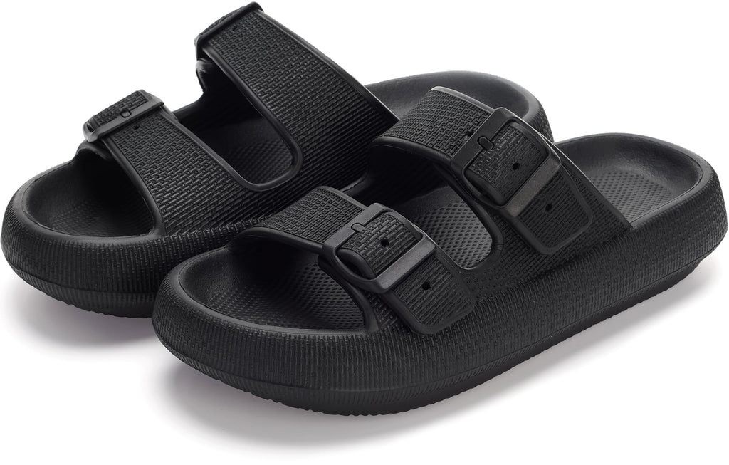 WHITIN Slides for Women Men Double Buckle Adjustable Thick Sole Pillow Slippers Bathroom Sandals