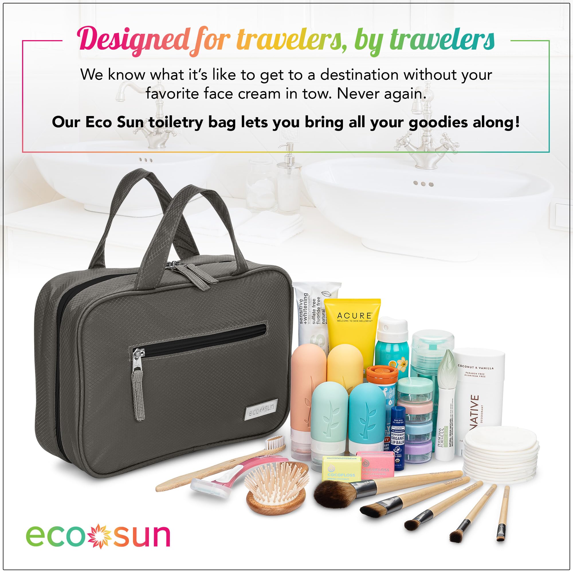 Eco Sun Hanging Travel Toiletry Bag — Designed in Hawaii — Water-resistant Travel Organizer for Bathroom Accessories (Black)