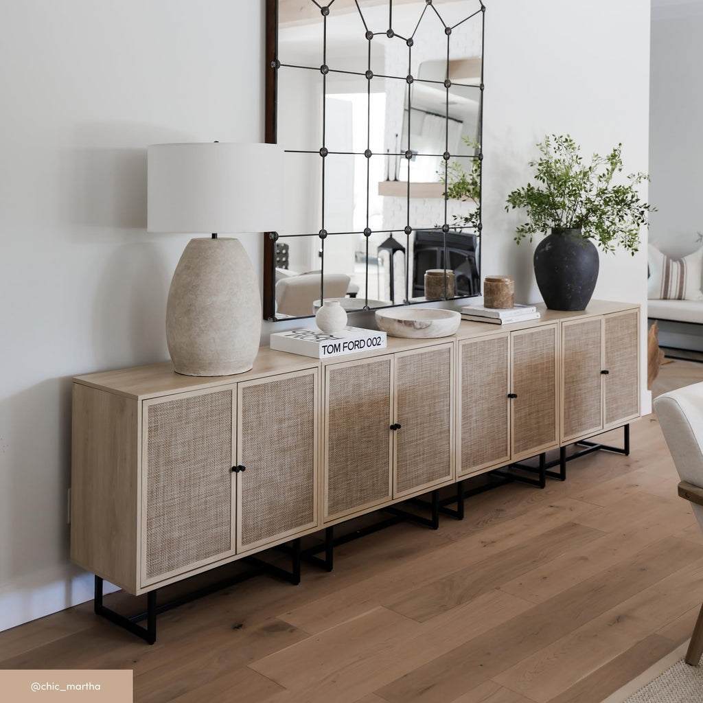 Nathan James Kova Rattan Wood Accent Sideboard Storage Cabinet with Matte Metal Frame, Adjustable Interior Shelves and Cane Doors, for Hallway, Entryway or Living Room, Black Oak/Cane