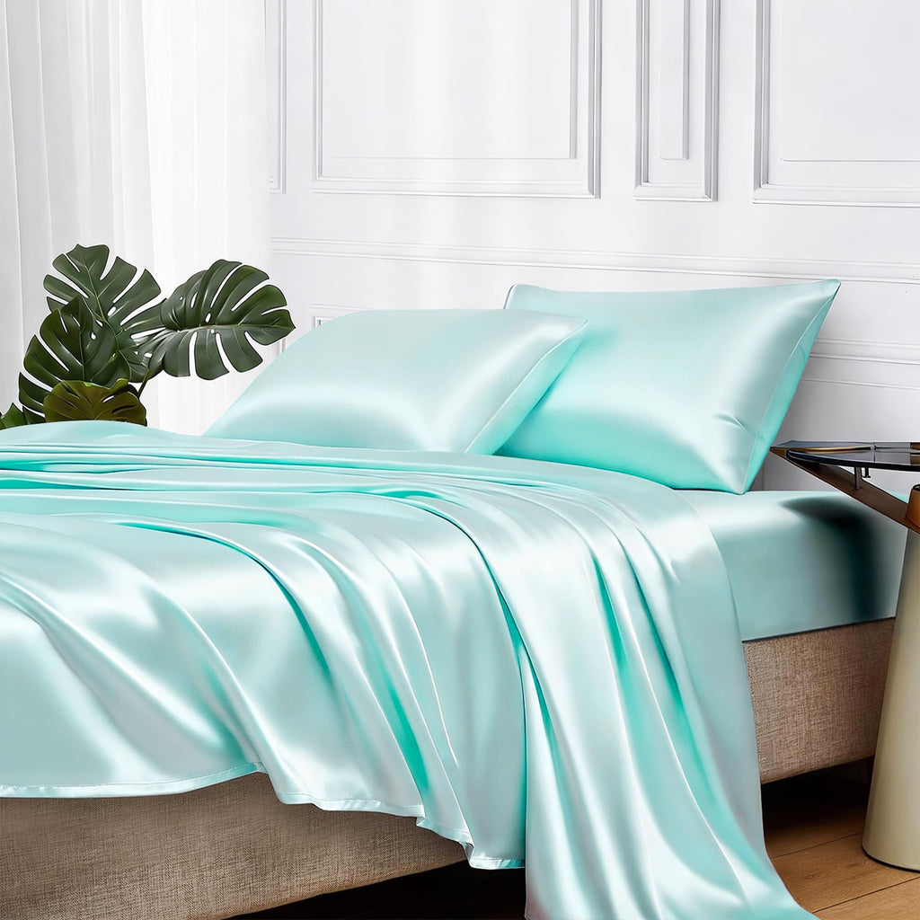 MR&HM Satin Sheets with Elastic Corner Straps, Twin Size 3-Piece Silky Bedding Set, Deep Pocket 15 Inches, Good for Hair & Skin (Twin, Black)