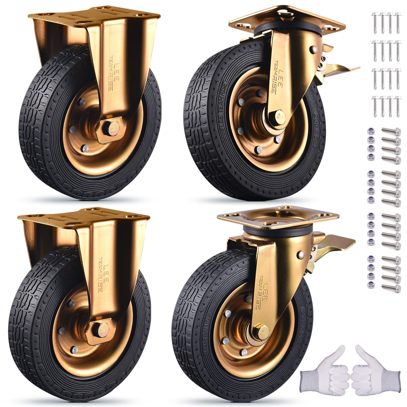 Caster Wheels Solid Rubber Heavy Duty Casters Set of 4 with Brake 3200Lbs 8 Inch Industrial 360-Degree Swivel Top Plate Castors Wheels for Furniture and Workbench Cart(Two Hardware Kits Include)
