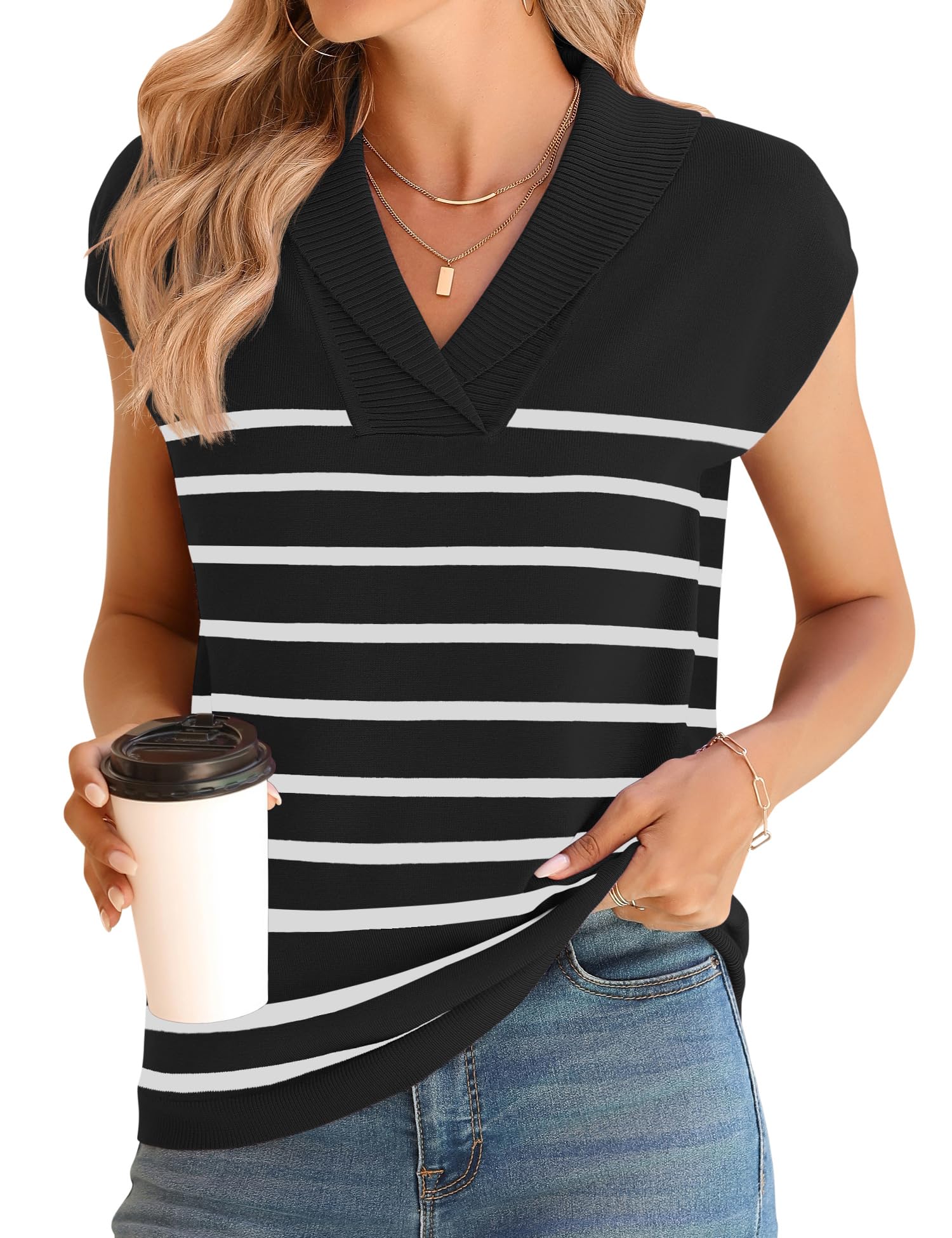 Ivicoer Sweater Vest Women V-Neck Knitted Pullover Short Cap Sleeve Collared Tops Dressy Casual 2025 Summer Fashion Trendy