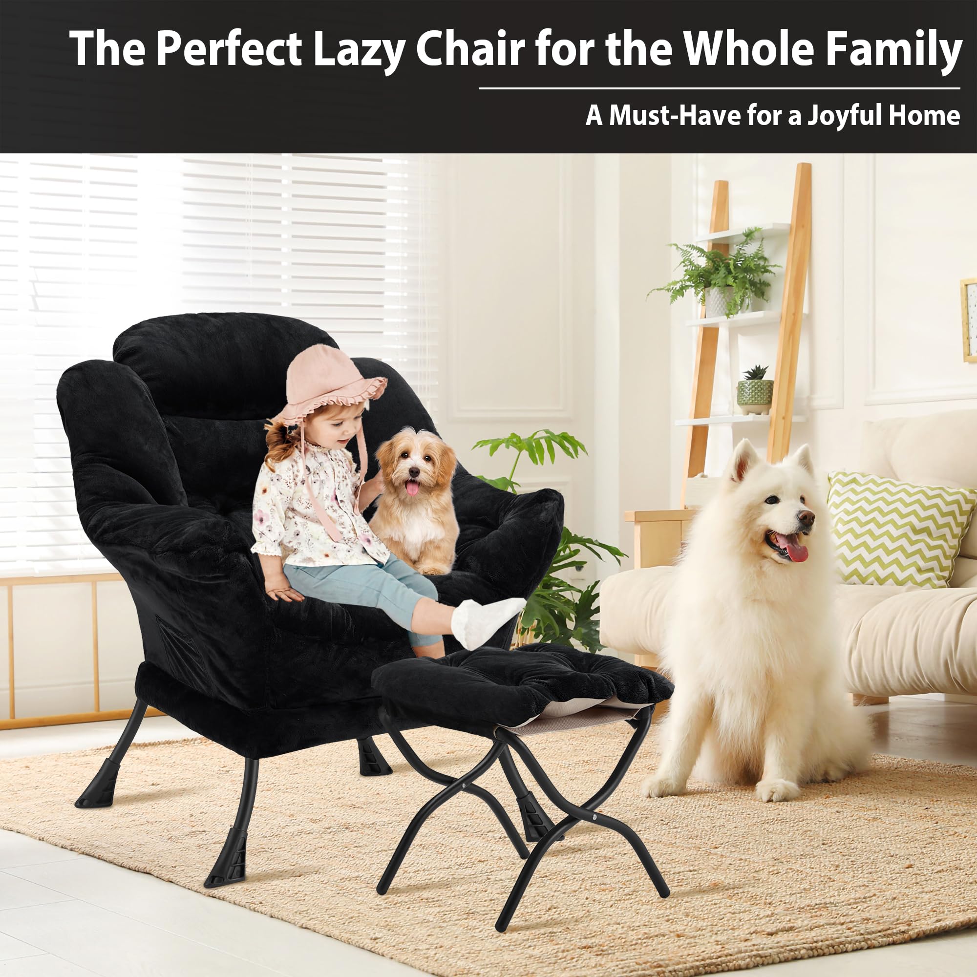Youtanic Lazy Chair with Folding Ottoman, Accent Chair Velvet Upholstered with Metal Structure and Non-Slip Pads, Sofa Armchair with Footrest and Side Storage Bag for Dorm, Room, Office, Beige
