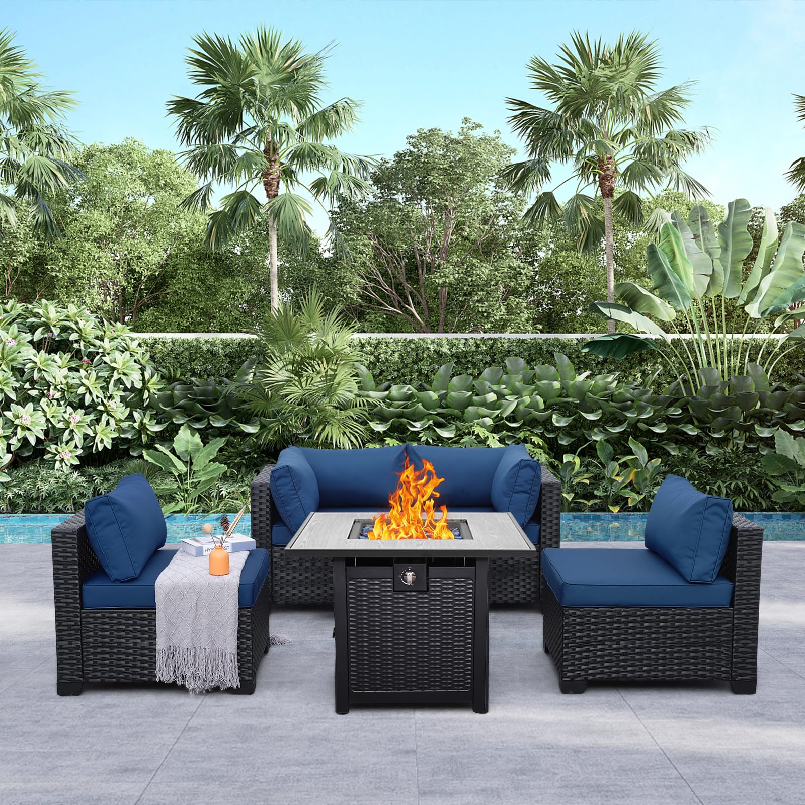WAROOM Outdoor 5 Piece Patio Furniture Set, Black Rattan Conversation Couch Resin Wicker Sectional Sofa Outside Chair with Coffee Table, Grey Cushion