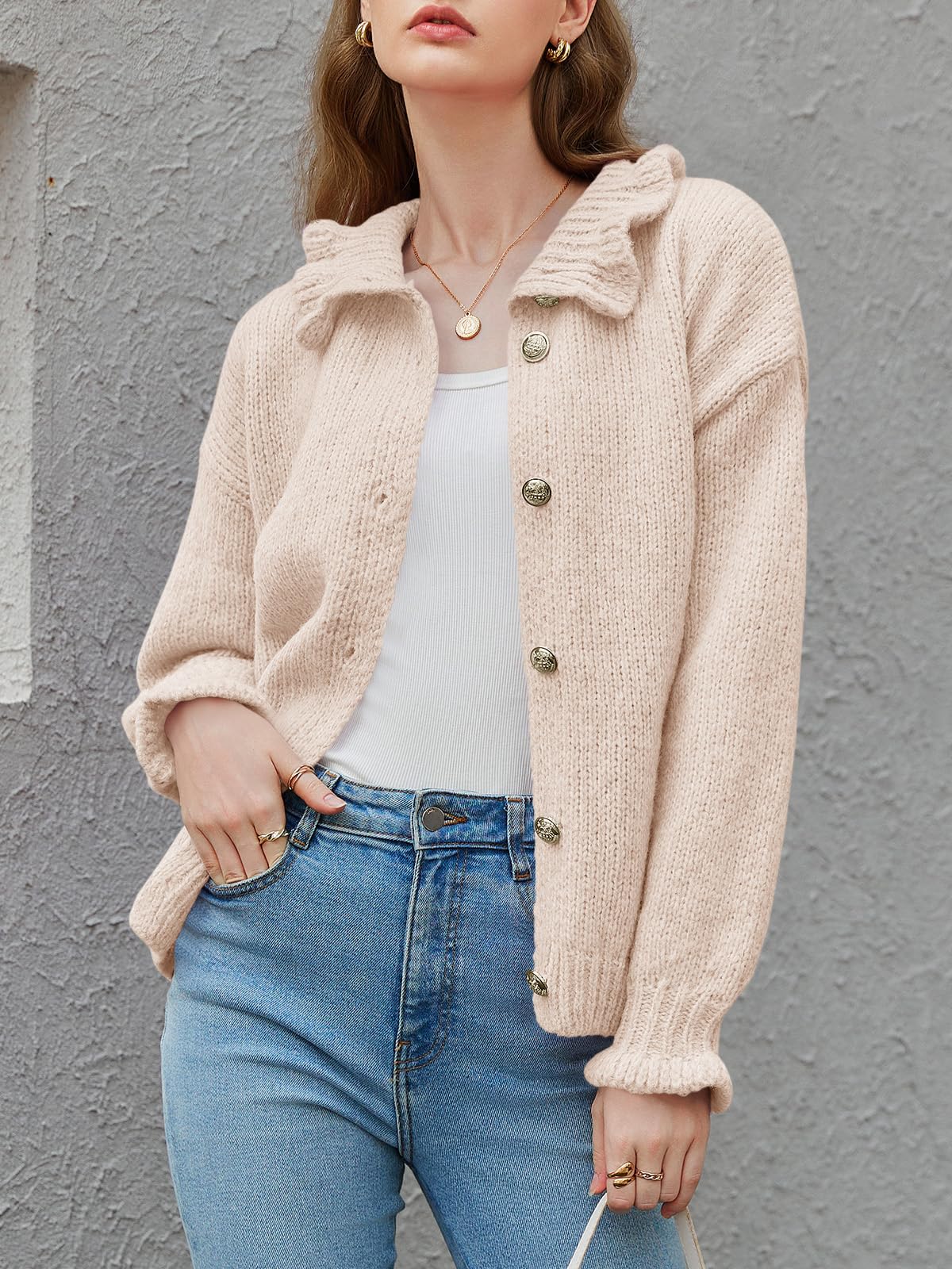 Saodimallsu Womens Ruffle Cardigan Oversized Button Up Fall Trendy Ribbed Knit Open Front Long Sleeve Loose Cute Sweater