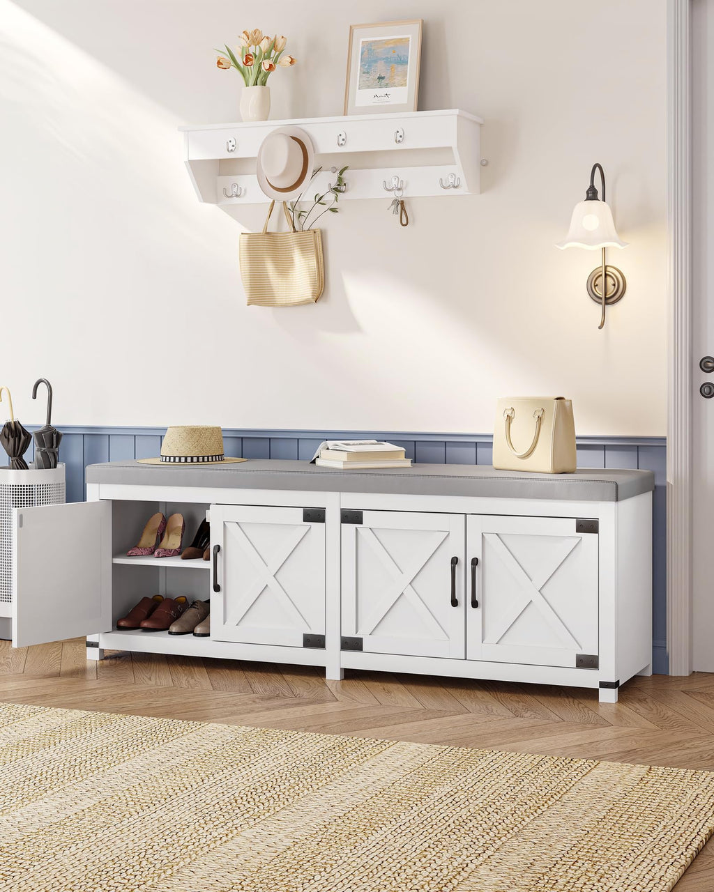 Hzuaneri Shoe Storage Bench, 2 Tier Shoe Bench with Padded Seat Cushion & 2 Barn Doors, Entryway Bench with Adjustable Shelf, Farmhouse Shoe Cabinet for Living Room, Bedroom, Antique White SB26214KA