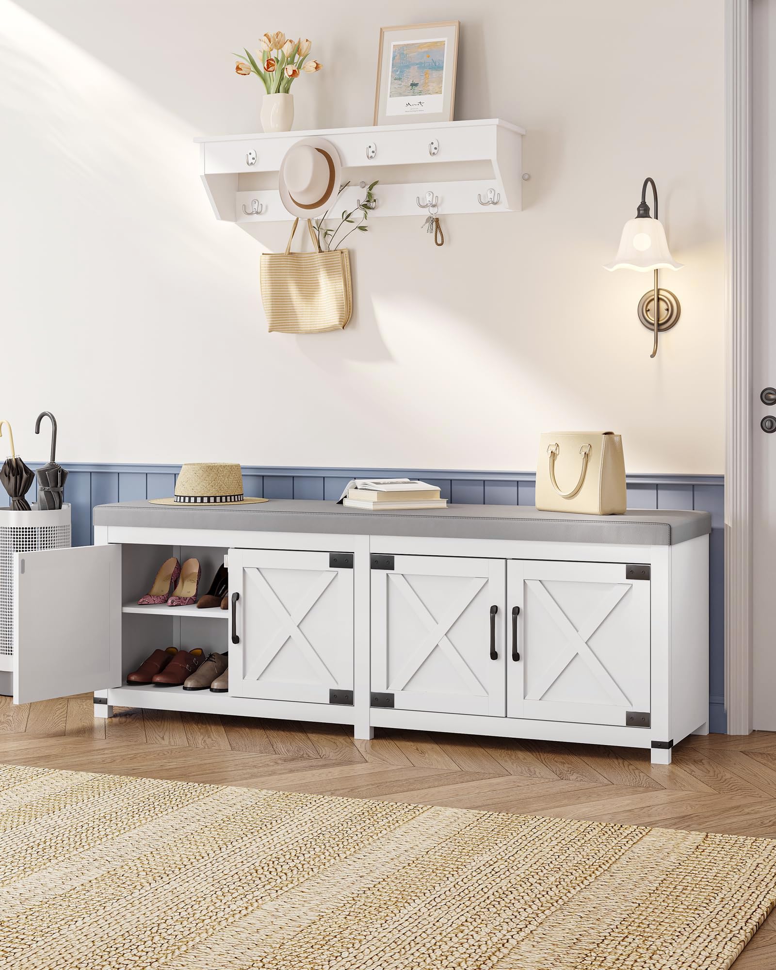 Hzuaneri Shoe Storage Bench, 2 Tier Shoe Bench with Padded Seat Cushion & 2 Barn Doors, Entryway Bench with Adjustable Shelf, Farmhouse Shoe Cabinet for Living Room, Bedroom, Antique White SB26214KA