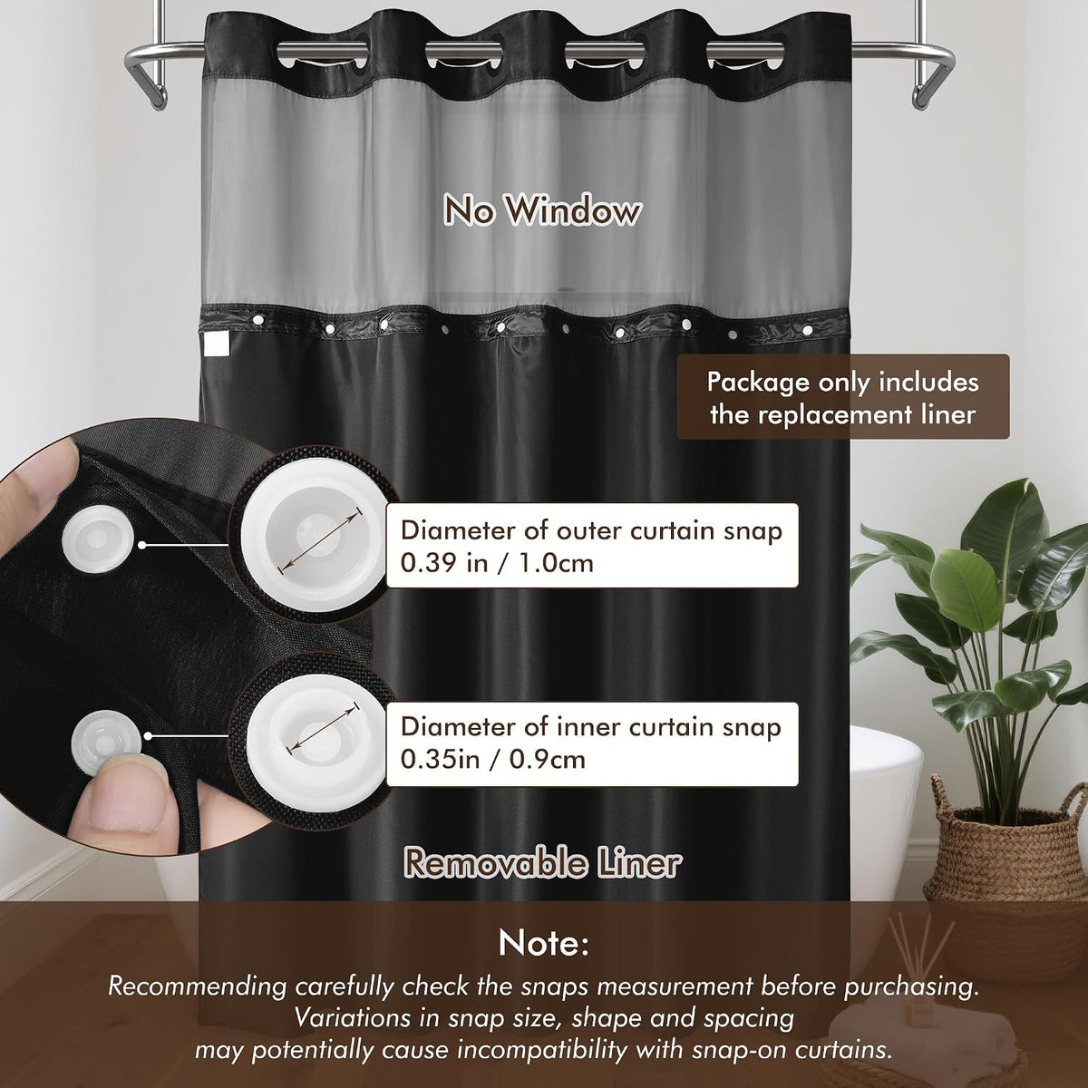 Barossa Design 70x54 Snap-in Shower Curtain Liner Replacement Black