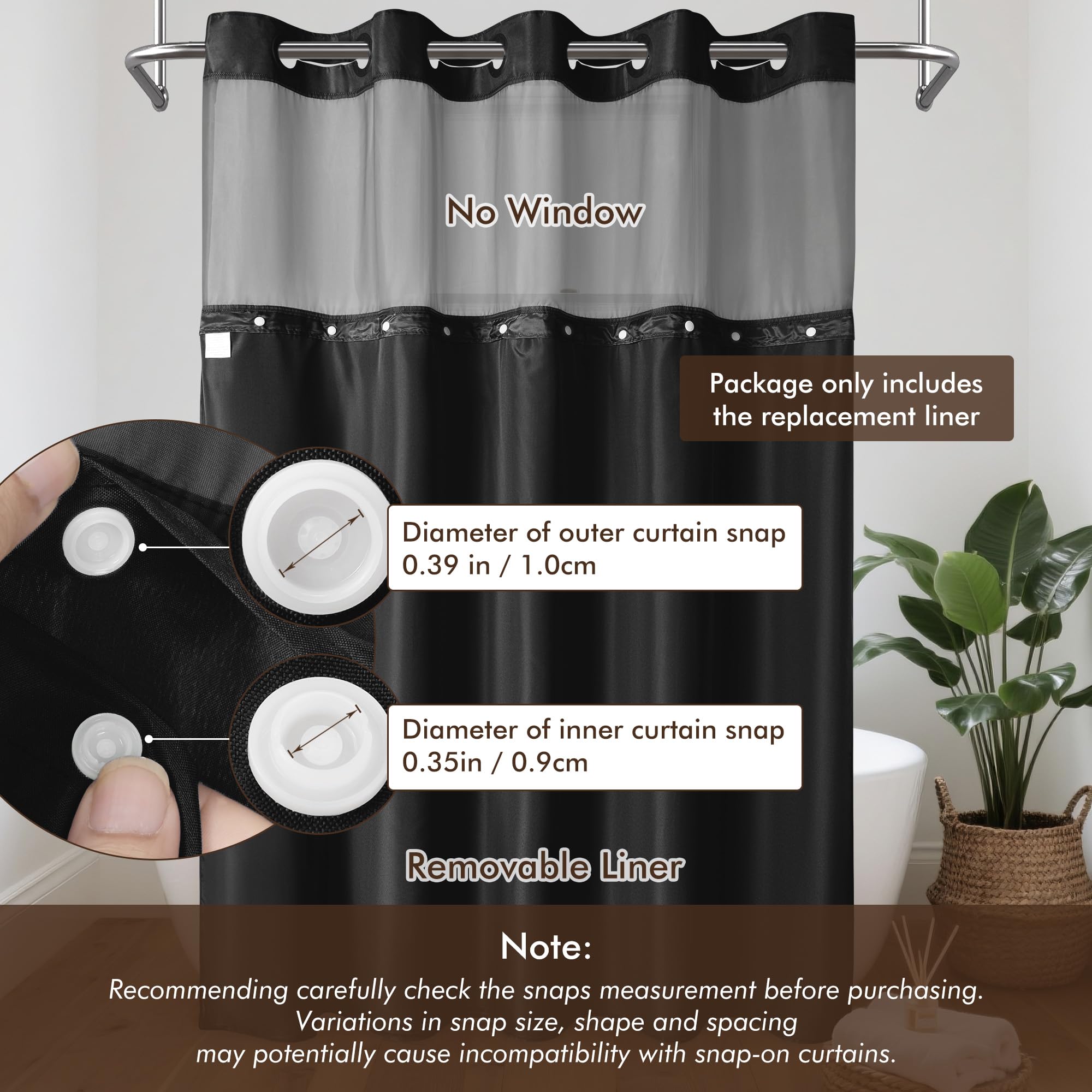 Barossa Design Fabric Snap-in Liner 70" W x 54" H - Hotel Style Removable Replacement Inner Liner, Machine Washable & Water Repellent - Black, 70x54