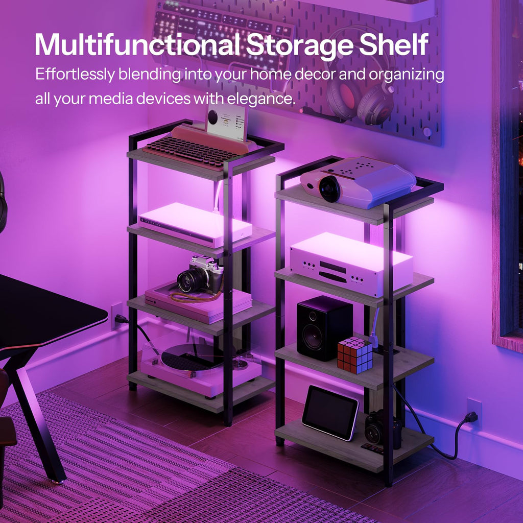 HOOBRO Game Console Shelf, 4-Tier Video Gaming Consoles Stand with Outlet & RGB Light, Audio Rack Tower for Turntable, Stereo Equipment, Wooden Entertainment Storage Stand, Black BB38UDCJ01