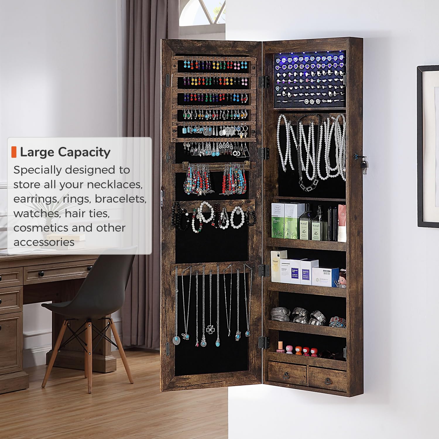 GISSAR Full Length Mirror Jewelry Cabinet, 6 LEDs Jewelry Armoire Wall Mounted Over The Door Hanging, Jewelry Organizer Storage with Lights Lockable, Black, 14.6" x 47.2"